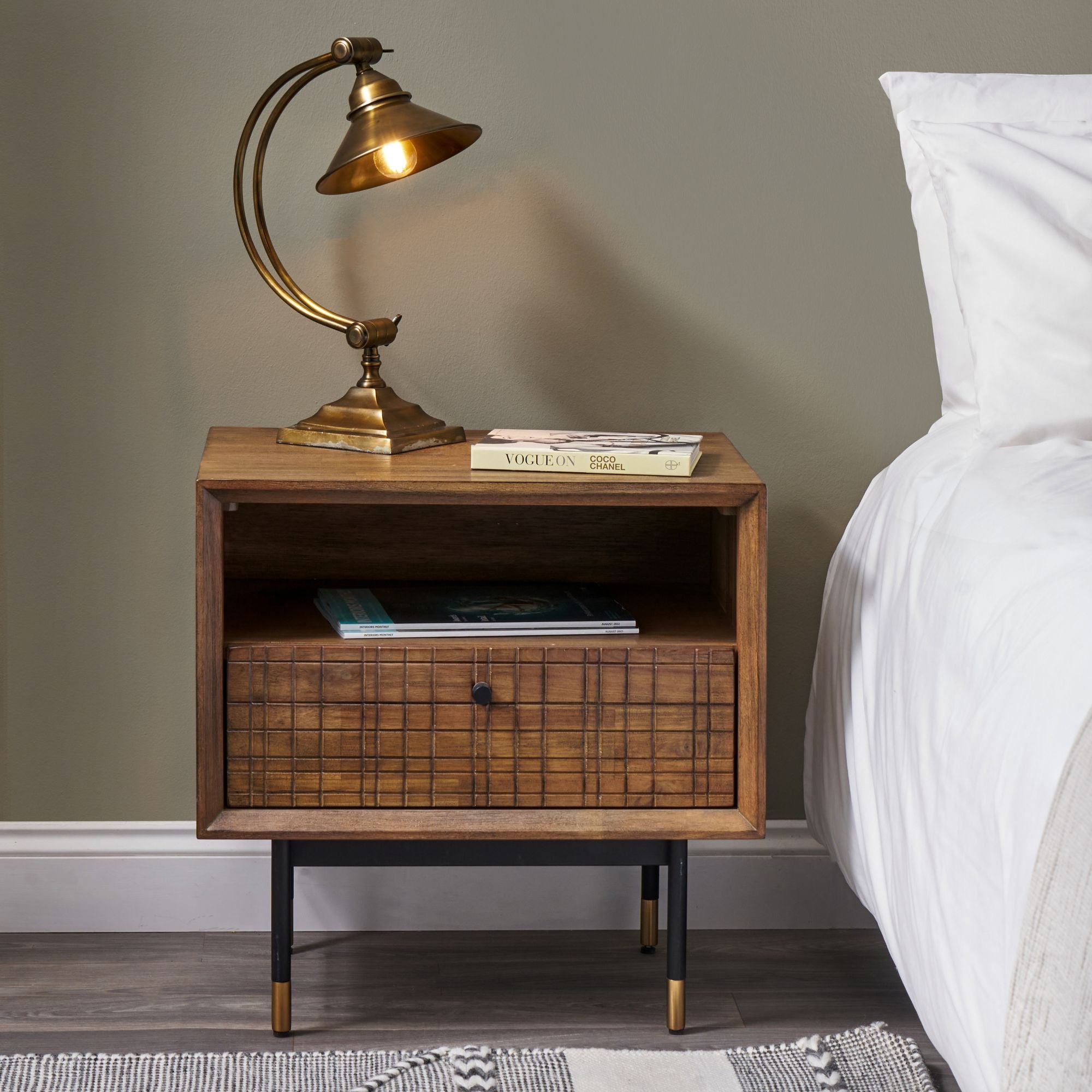 Varg acacia wood bedside table in deep walnut with etched detailing, 1 x drawer and open niche | malletandplane.com