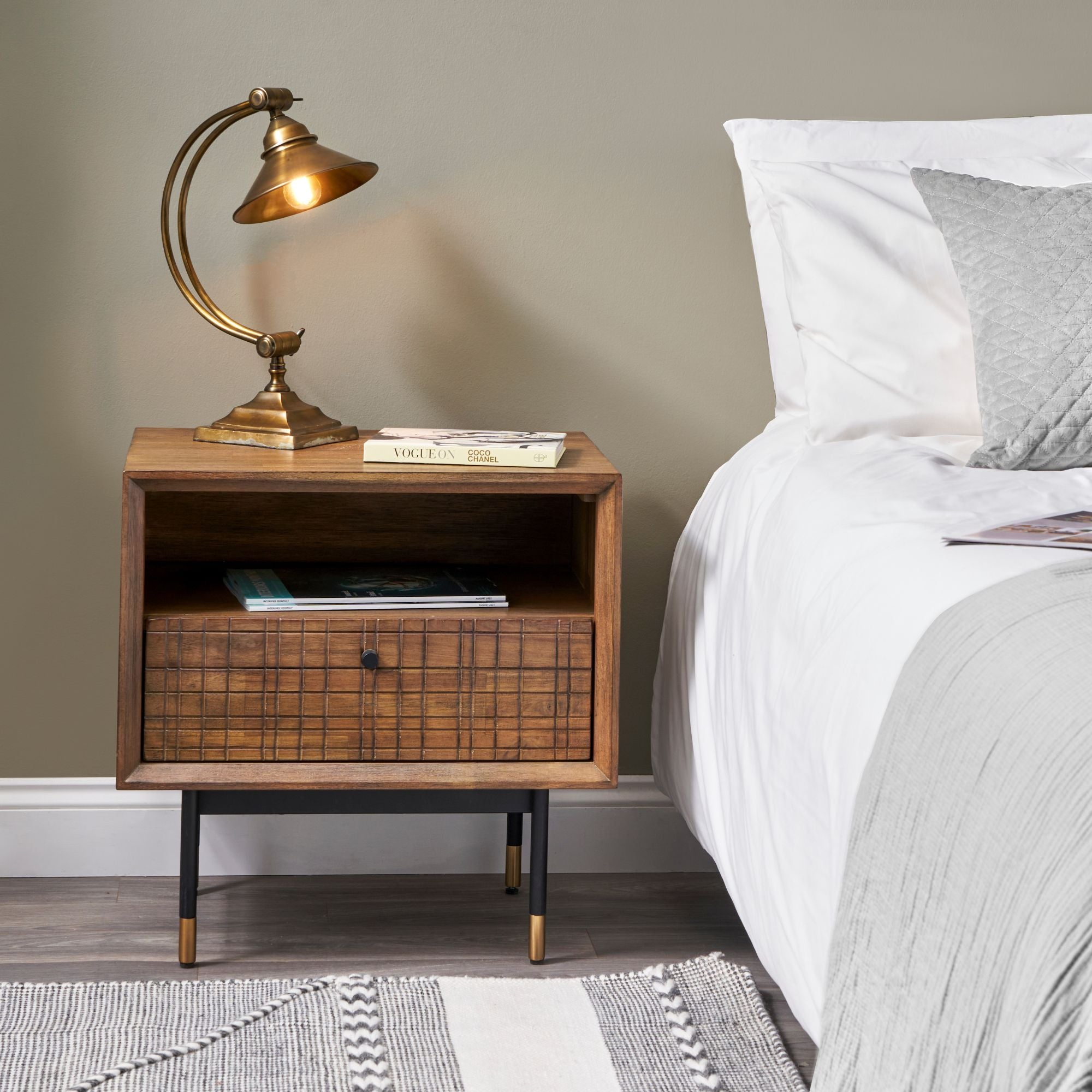 Varg acacia wood bedside table in deep walnut with etched detailing, 1 x drawer and open niche | malletandplane.com