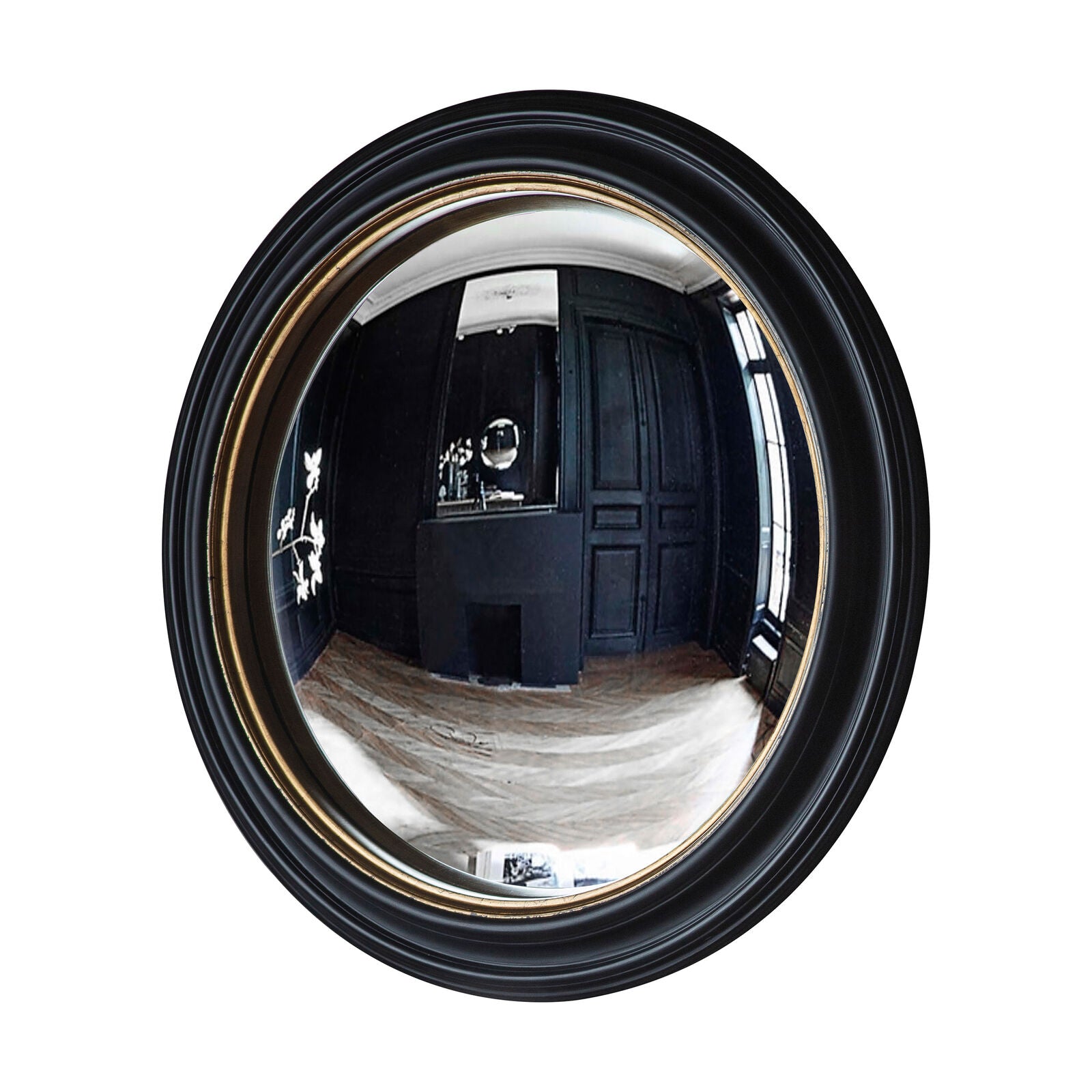 Brunel 630mm convex round wall mirror in black and gold finish | malletandplane.com