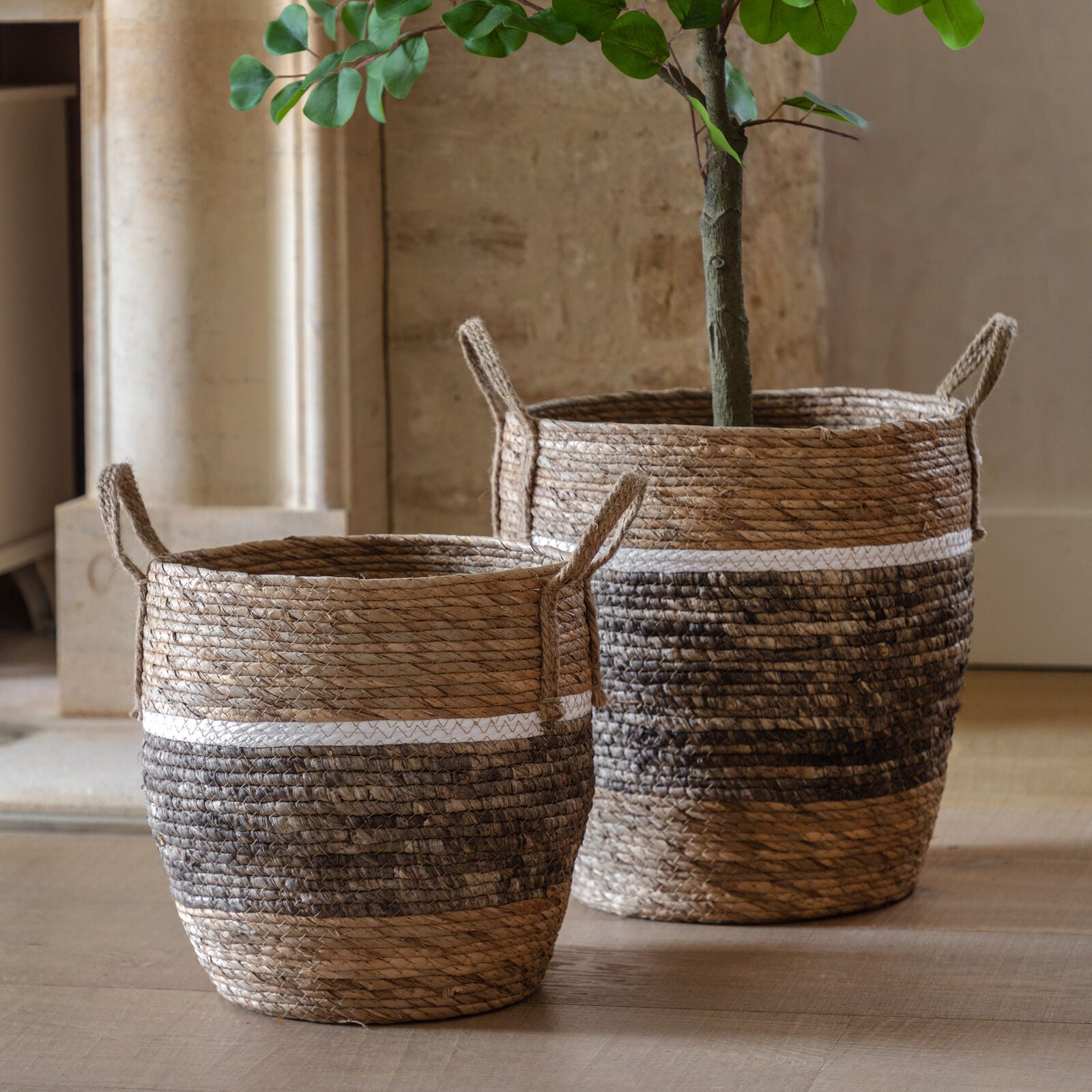 Weave set of handwoven seagrass baskets wirth stripe and contrast design | malletandplane.com