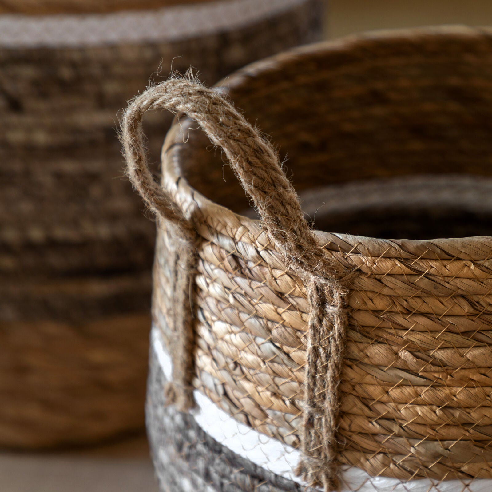 Weave set of handwoven seagrass baskets wirth stripe and contrast design | malletandplane.com
