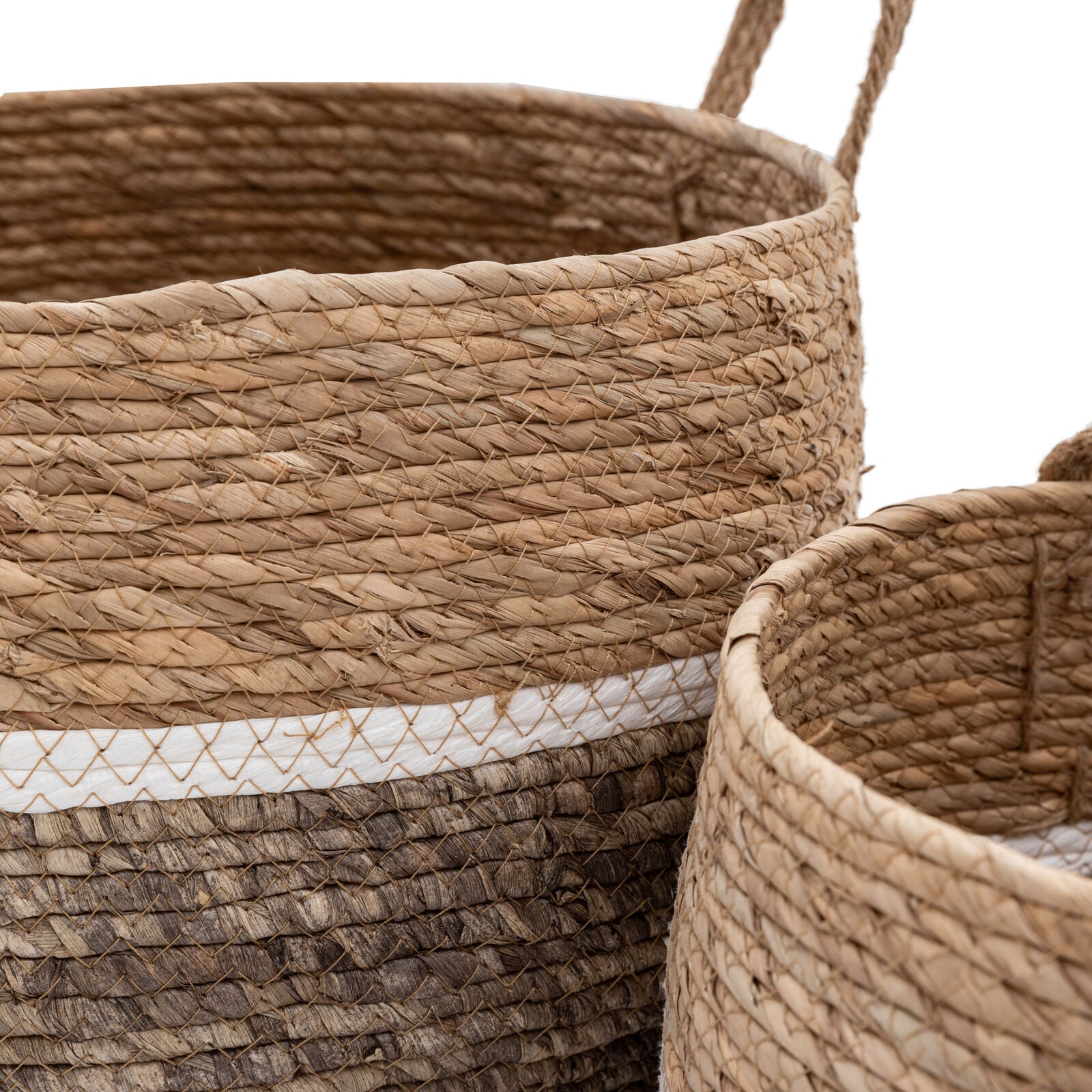 Weave set of handwoven seagrass baskets wirth stripe and contrast design | malletandplane.com