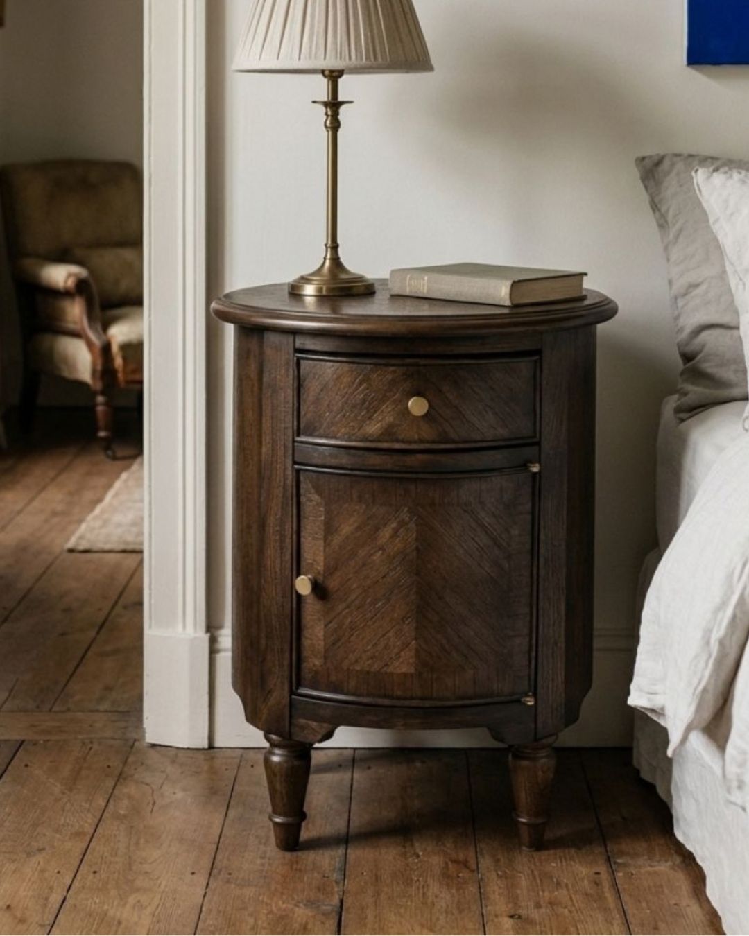 WETHERBY Round Dark Wood  Bedside Table with Drawer & Storage Cupboard