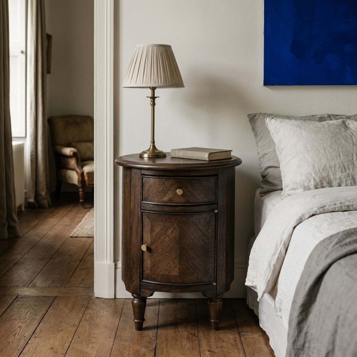 WETHERBY Round Dark Wood  Bedside Table with Drawer & Cupboard