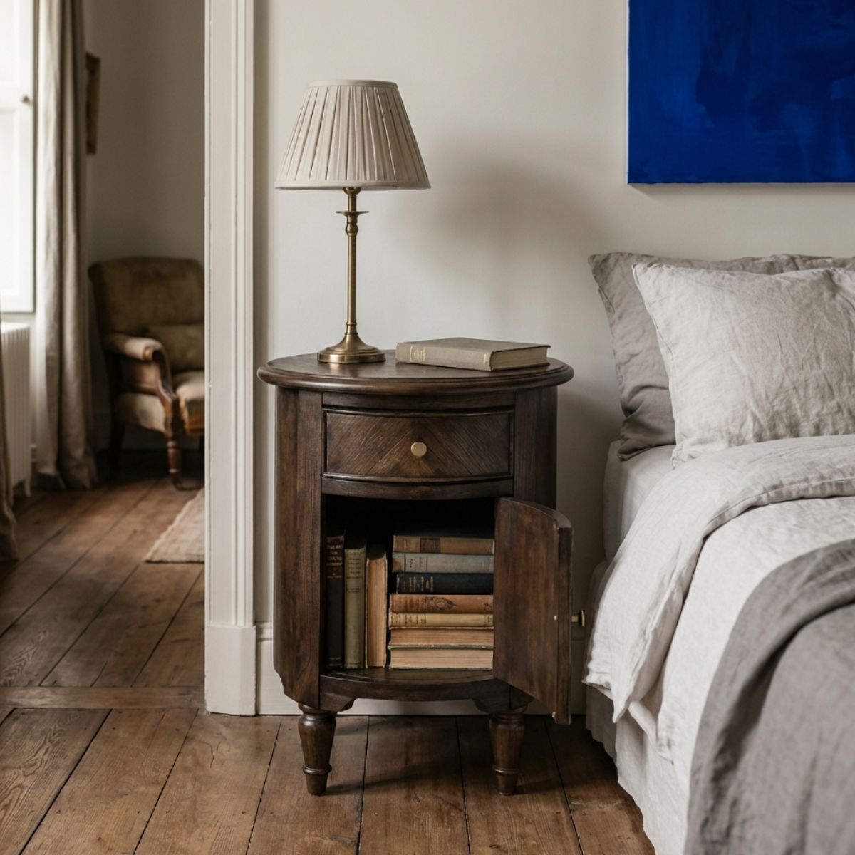 WETHERBY Round Dark Wood  Bedside Table with Drawer & Cupboard