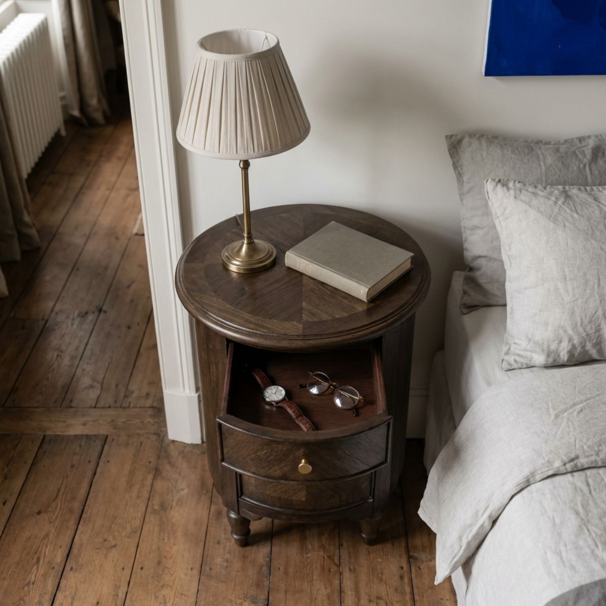 WETHERBY Round Dark Wood  Bedside Table with Drawer & Cupboard