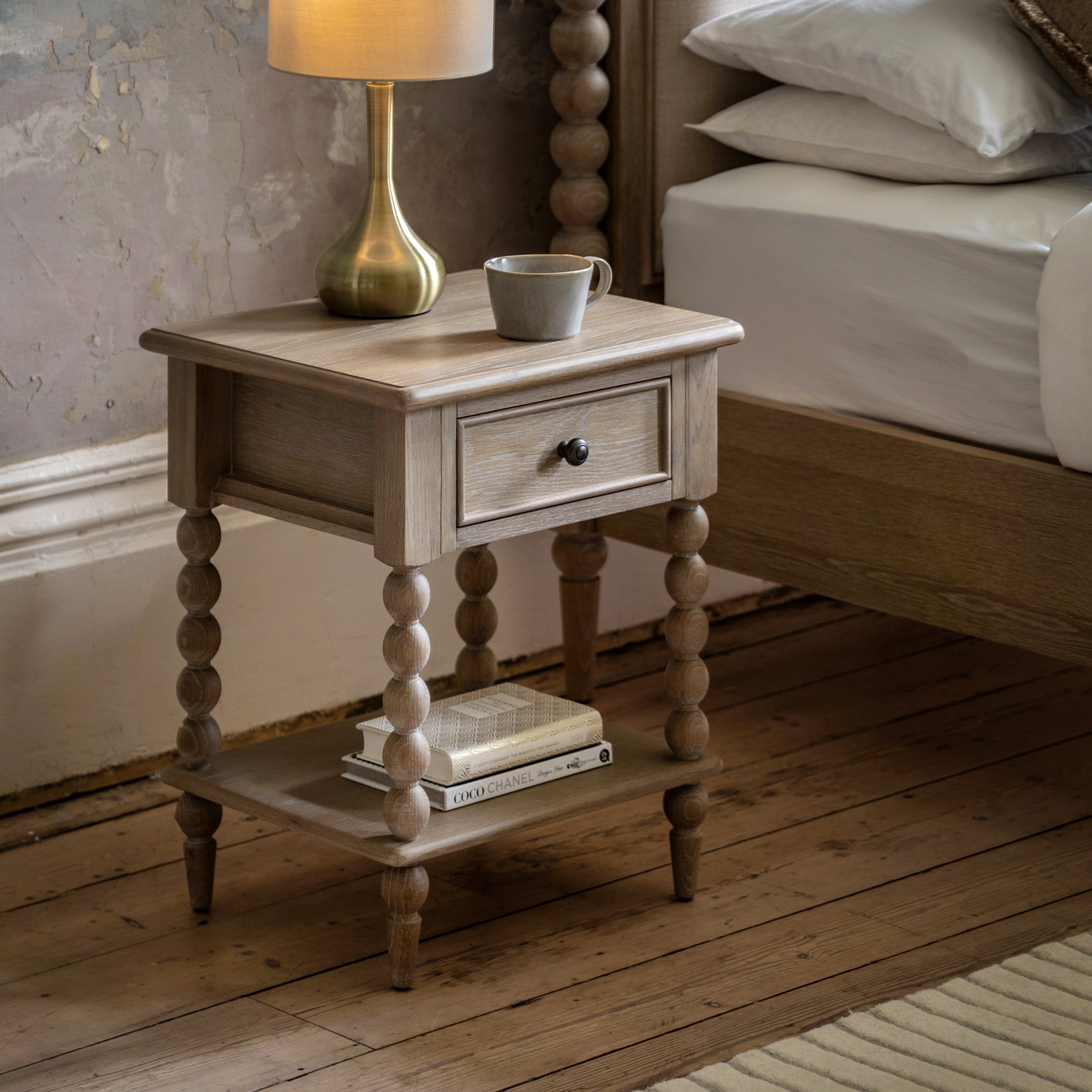 MABEL Natural 1 Drawer Bedside Table - detail and lifestyle view 2