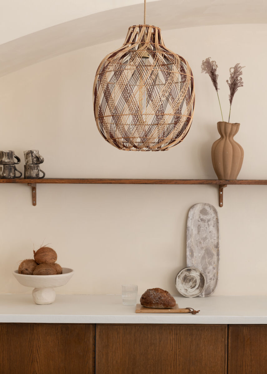 Mendoza handwoven burgundy and natural bamboo bottle shaped pendant light | malletandplane.com