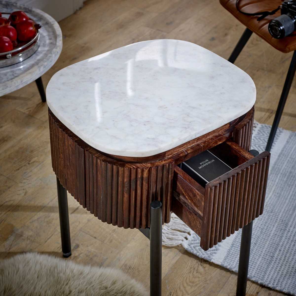 Kelwa handmade solid wood bedside table with white marble top | malletandplane.com