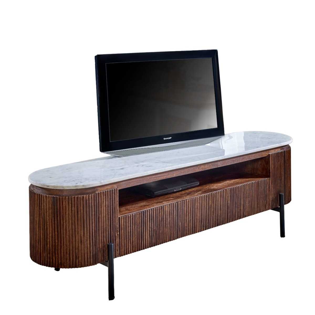 Kelwa handmade solid wood large TV stand with white marble top | malletandplane.com