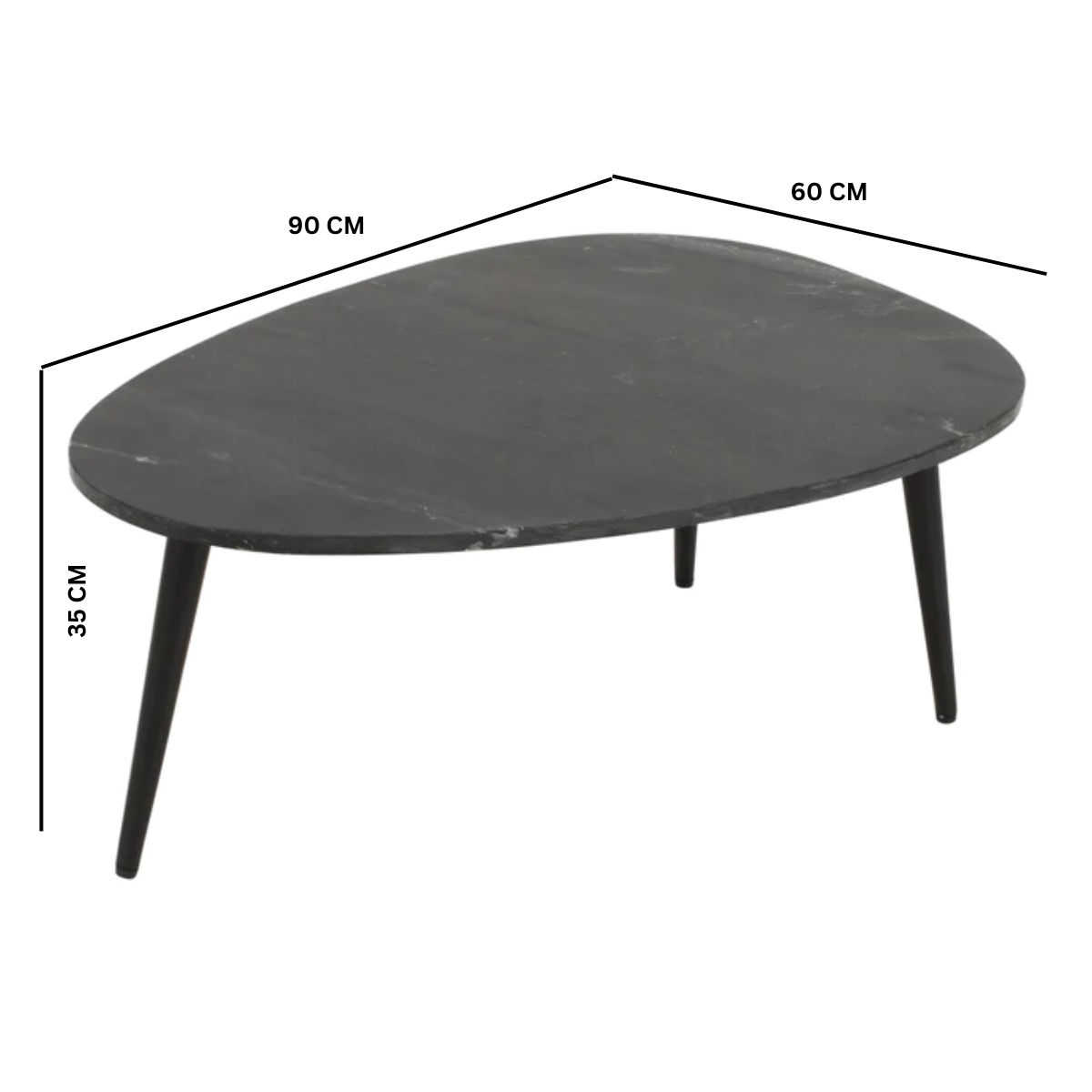 Kelwa handmade black marble coffee table with 3 metal legs | malletandplane.com