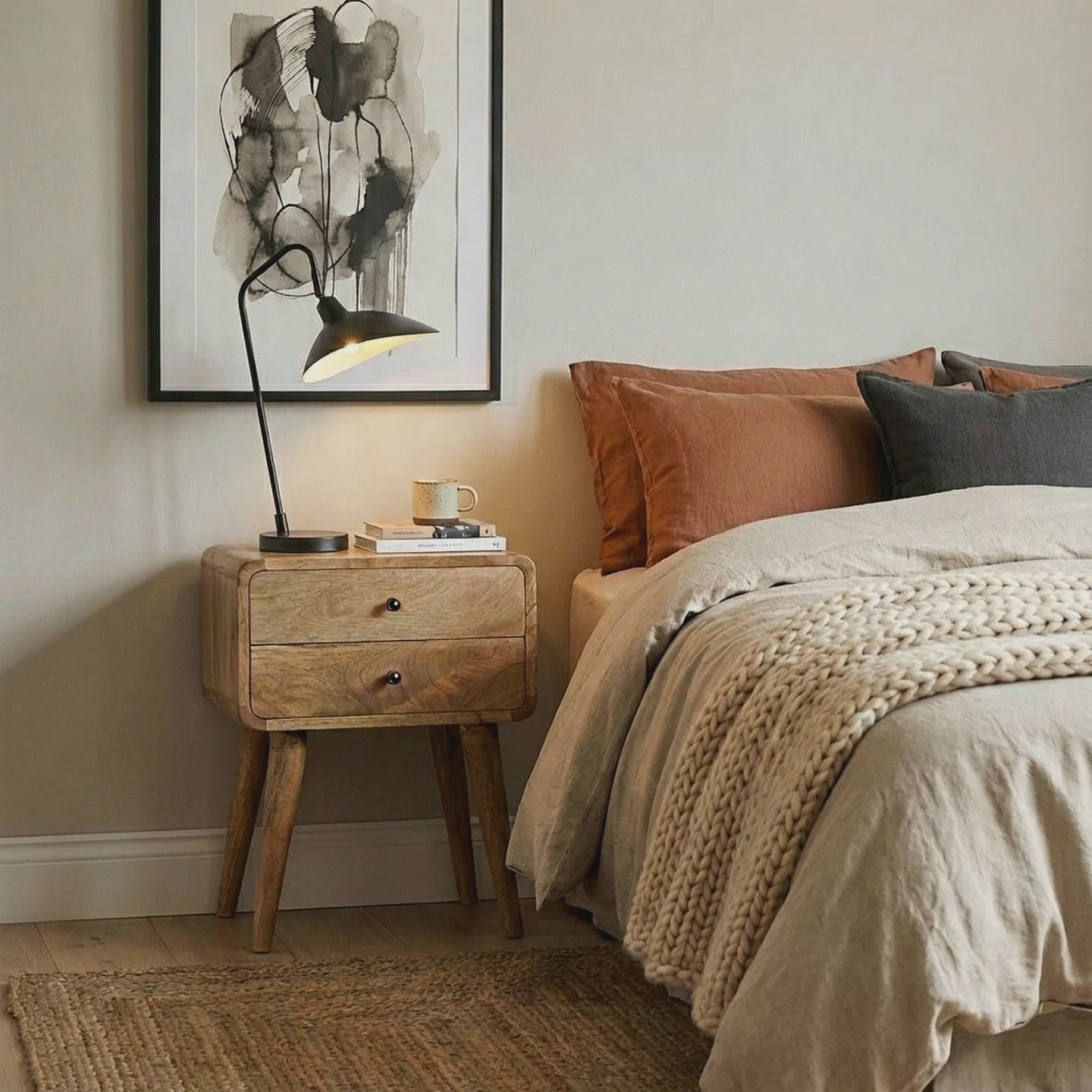 Modal solid wood bedside table with 2 drawers in a natural oak-ish finish
