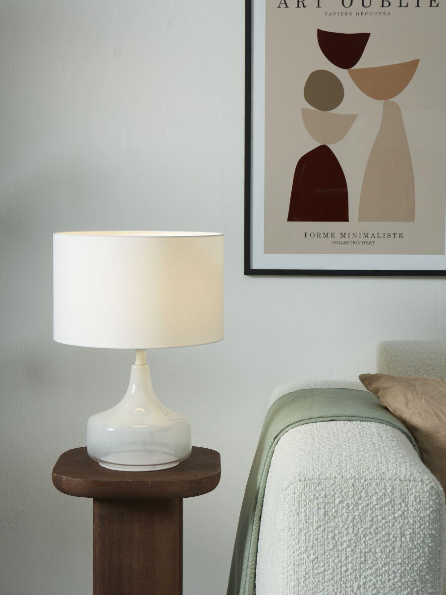 Reykjavik white glass table lamp with white cotton shade | malletandplane.com