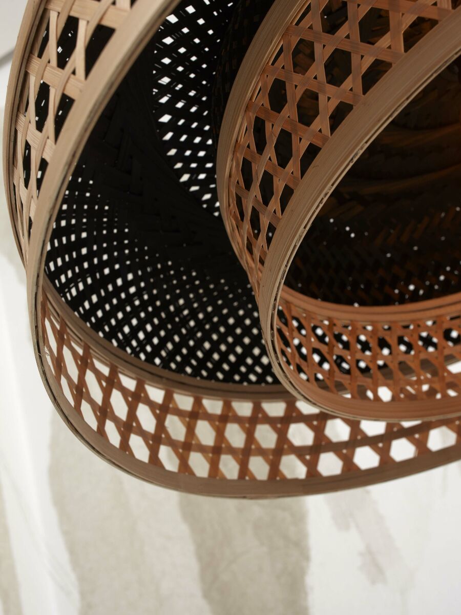 Ubud hand woven natural and black bamboo double shaded pendant light | malletandplane.com