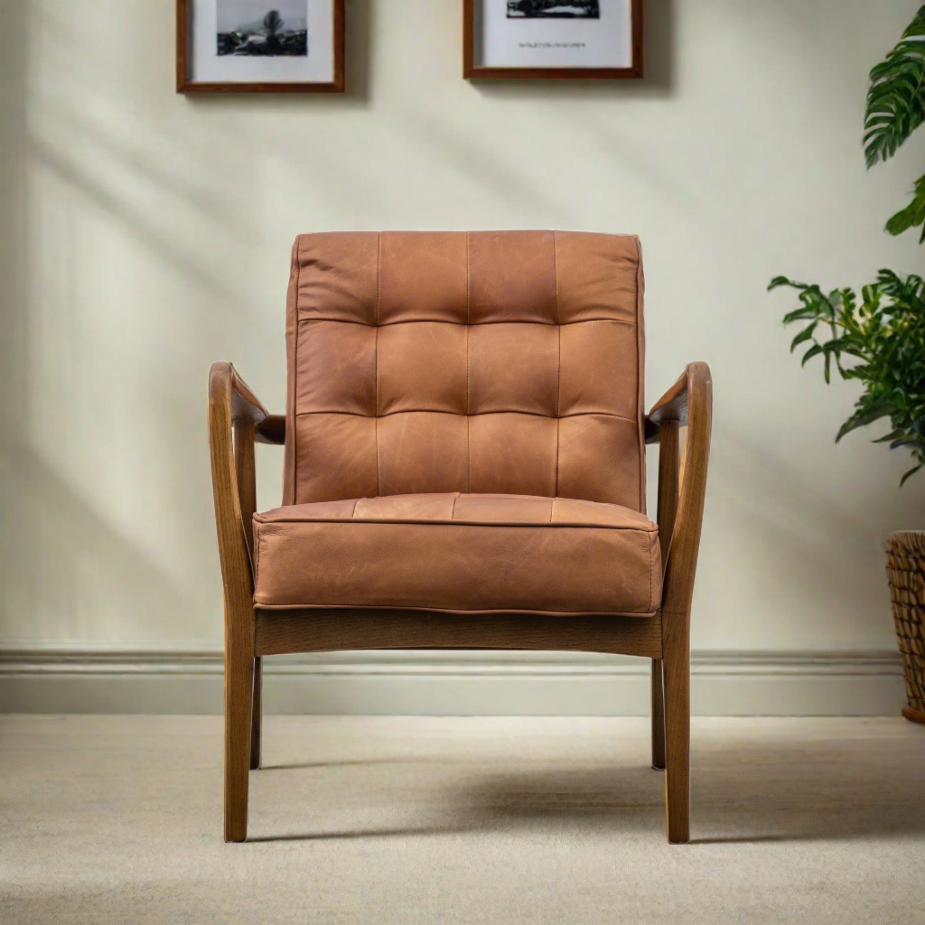 Ronson Mid Century Armchair with solid oak frame and top grain vintage brown leather upholstery | MalletandPlane.com
