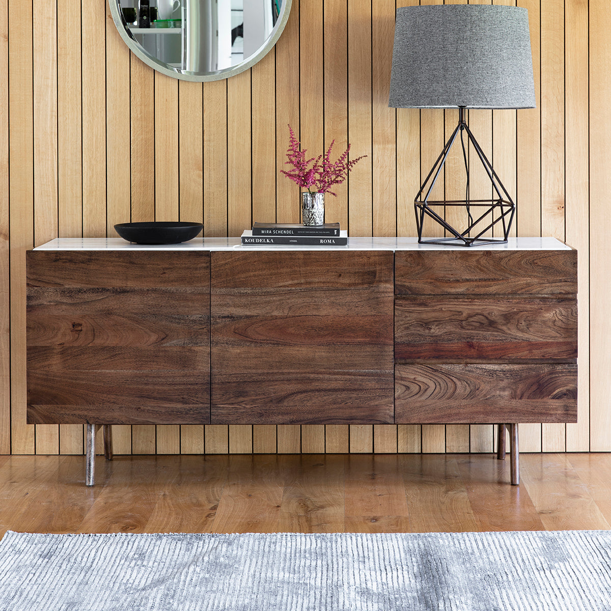 Fresca Mid Century Sideboard in Walnut with White Marble Top | MalletandPlane.com