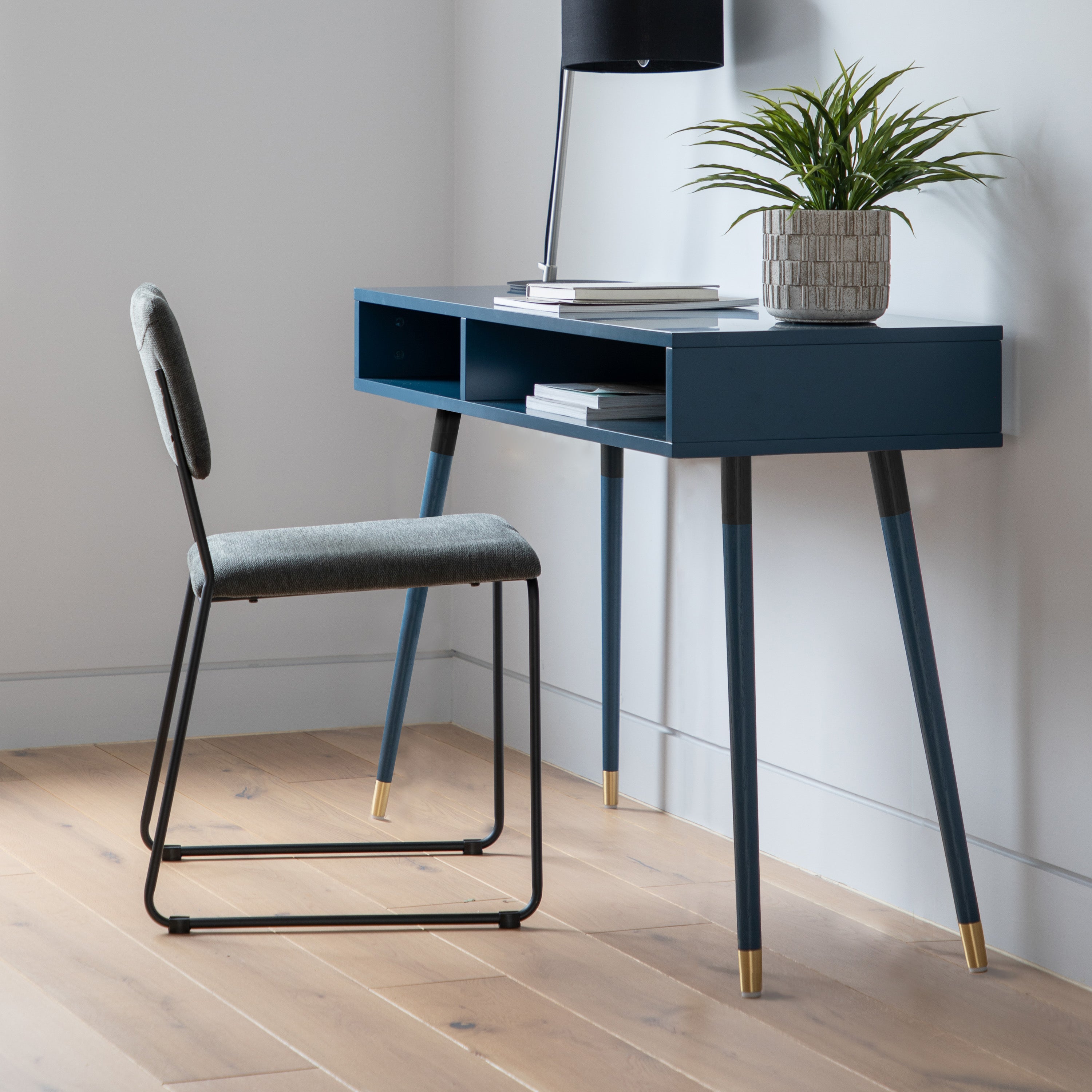 Evissa blue console desk with brass socks and adjustable feet | MalletandPlane.com