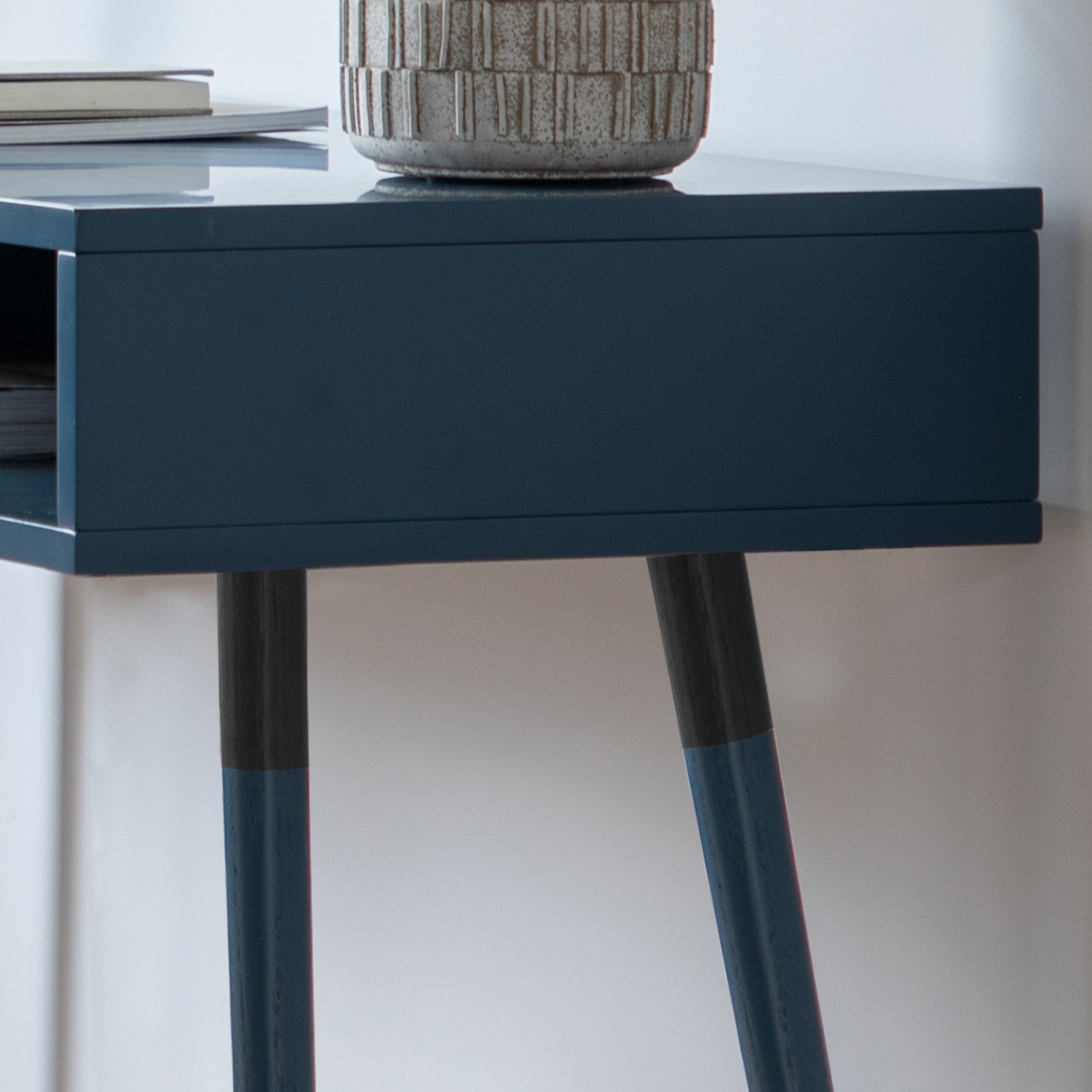 Evissa blue console desk with brass socks and adjustable feet | MalletandPlane.com