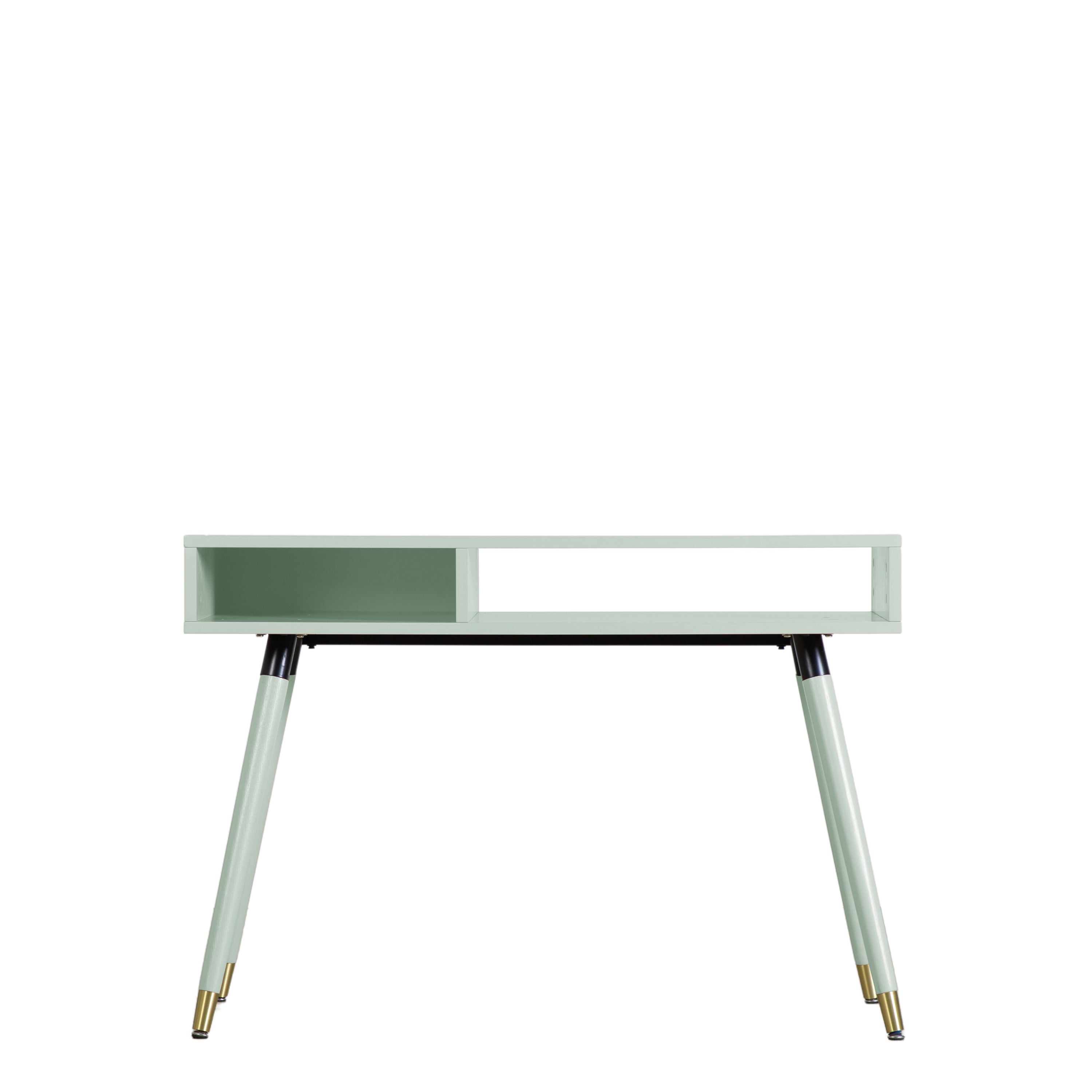Evissa mint green console table with brass socks and adjustable feet | malletandplane.com