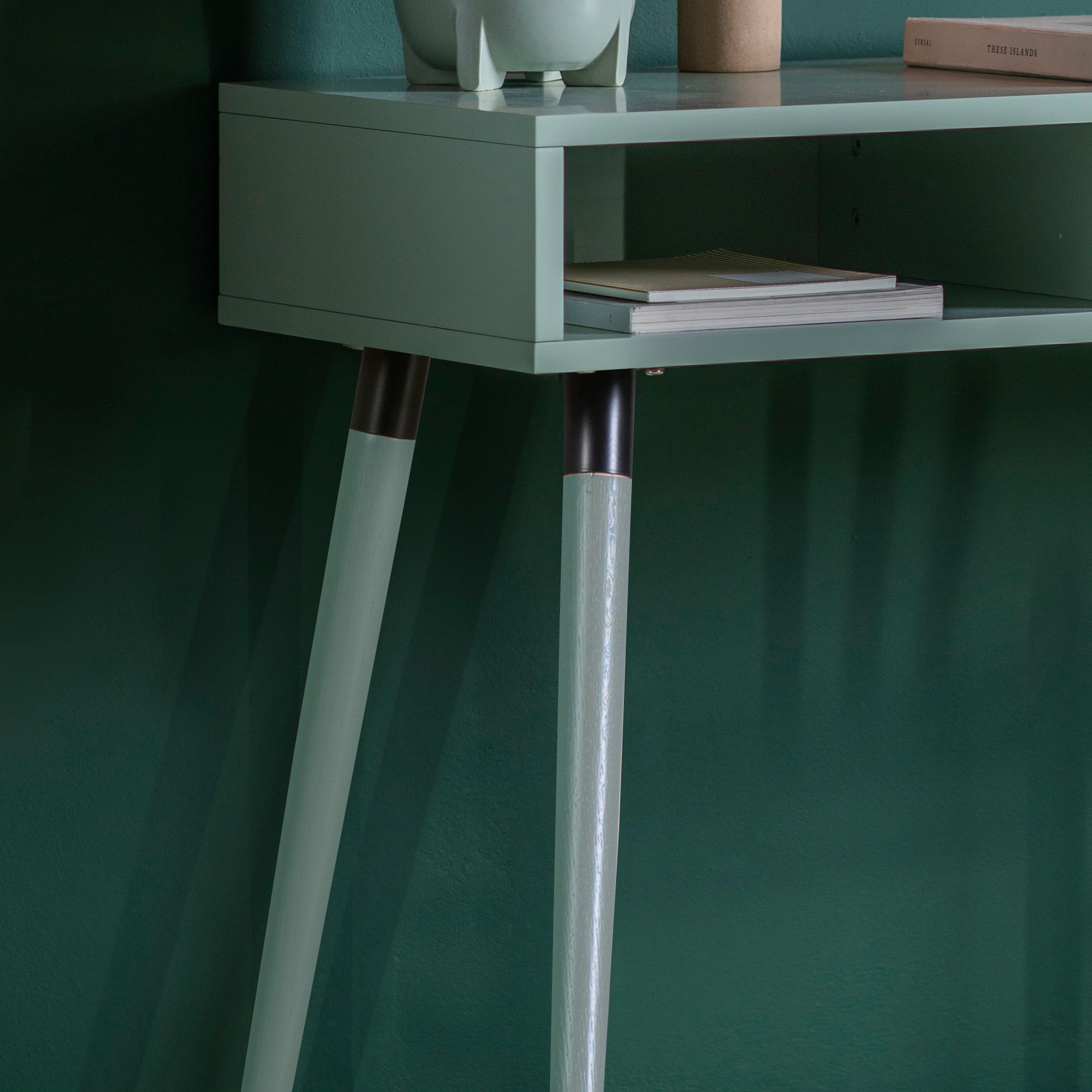 Evissa mint green console desk with brass socks and adjustable feet | MalletandPlane.com