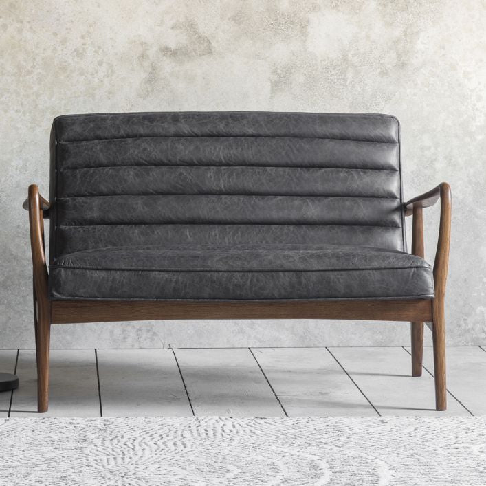Marcus 2 seat leather sofa in antique ebony top grain leather with oak frame in mid century style | MalletandPlane.com