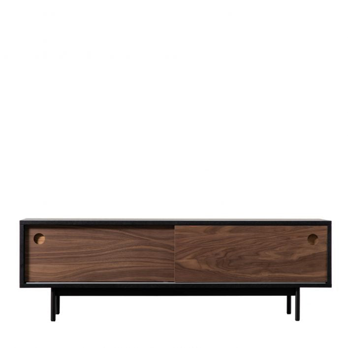 CITY TV Stand in black with walnut  and 2 sliding doors 1400 mm wide | MalletandPlane.com