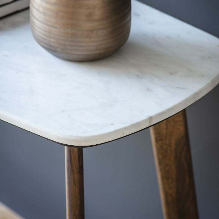 Fresca walnut finish console table with white marble top | MalletandPlane.com