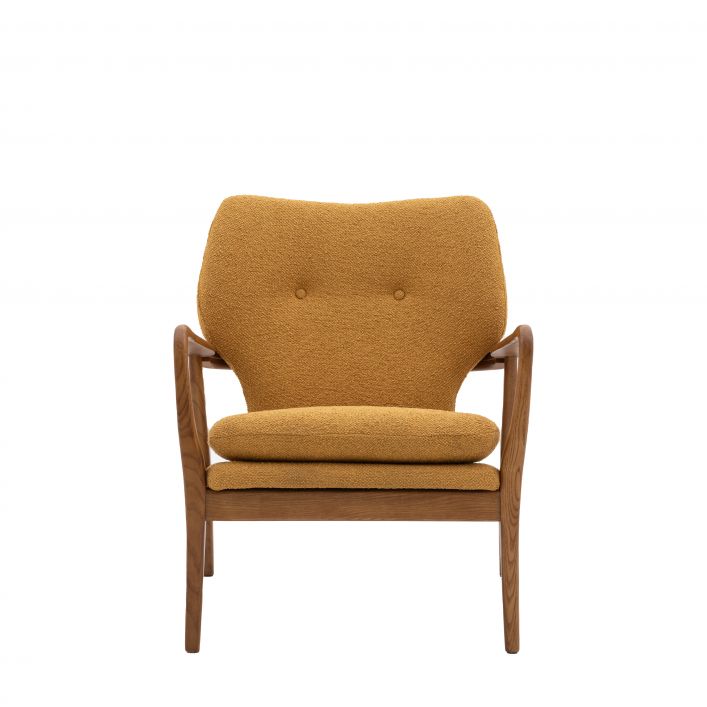 Arny Mid Century Style Small Armchair in Ochre linen with button detail | MalletandPlane.com