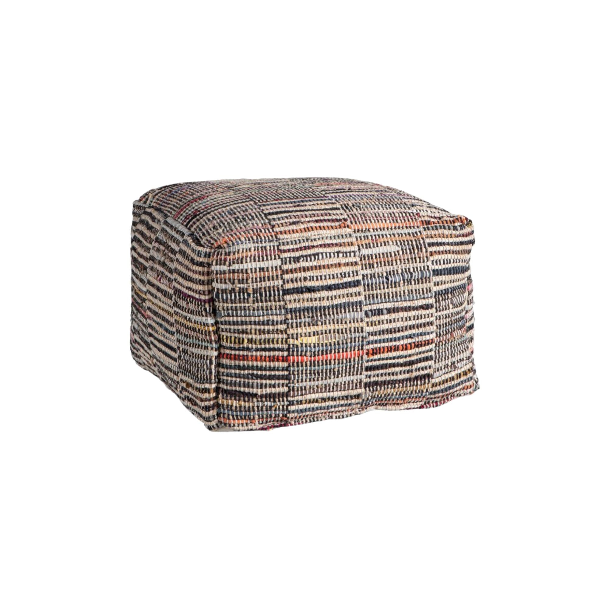Cadiz pouffe in multi coloured recycled mixed cotton, jute and leather | MalletandPlane.com