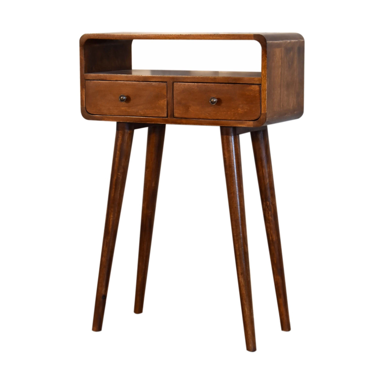 Century Handmade solid wood 2 drawer small console table in deep chestnut finish | malletandplane.com
