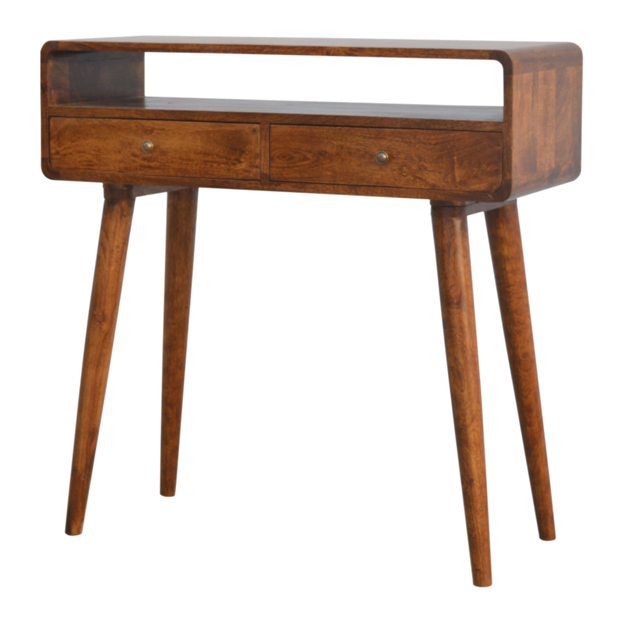 Century Handmade Solid Wood Curved Edge Slim Console Table with Drawers and an Open Storage Shelf in a Deep Chestnut Finish | malletandplane.com