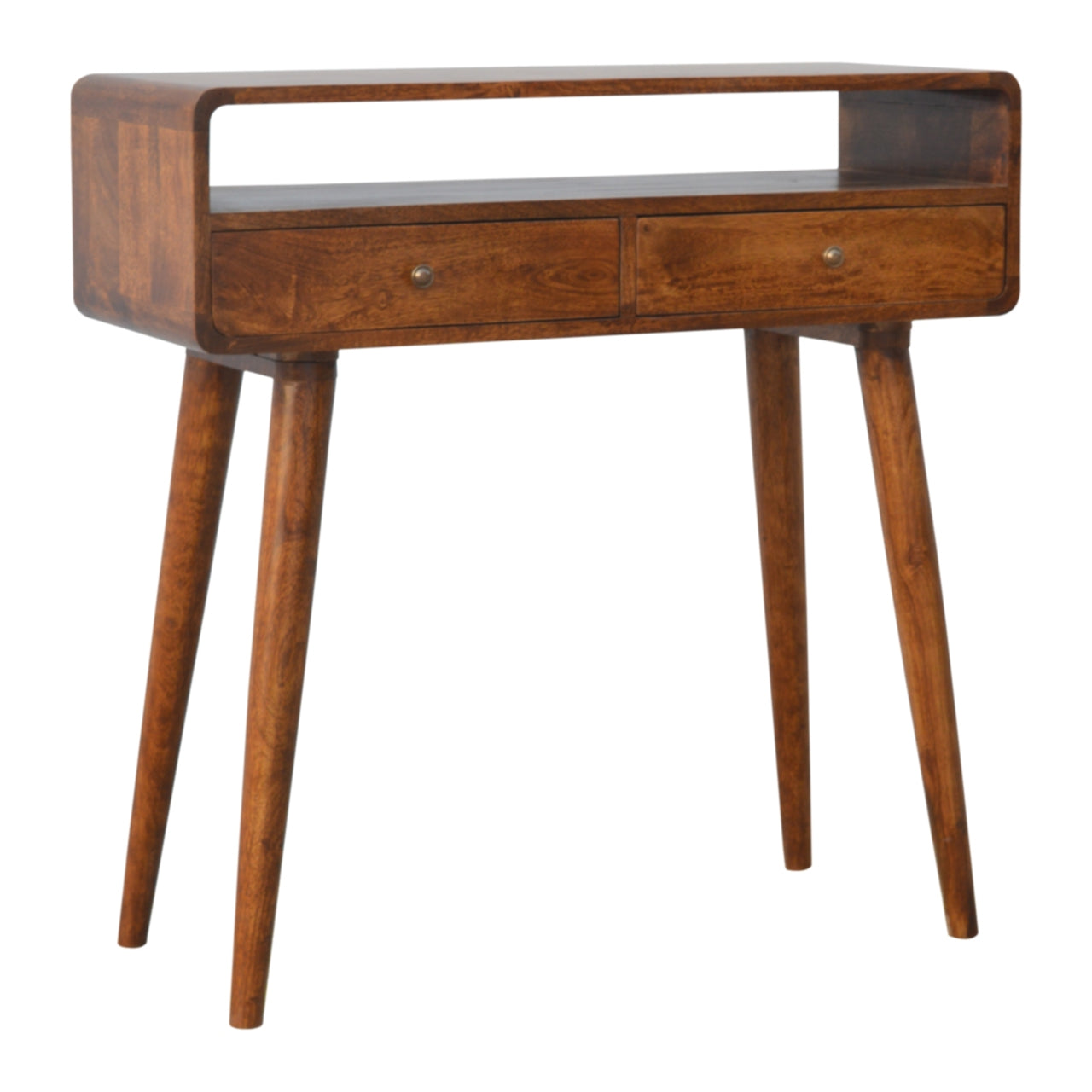 Century Handmade Solid Wood Curved Edge Slim Console Table with Drawers and an Open Storage Shelf in a Deep Chestnut Finish | malletandplane.com