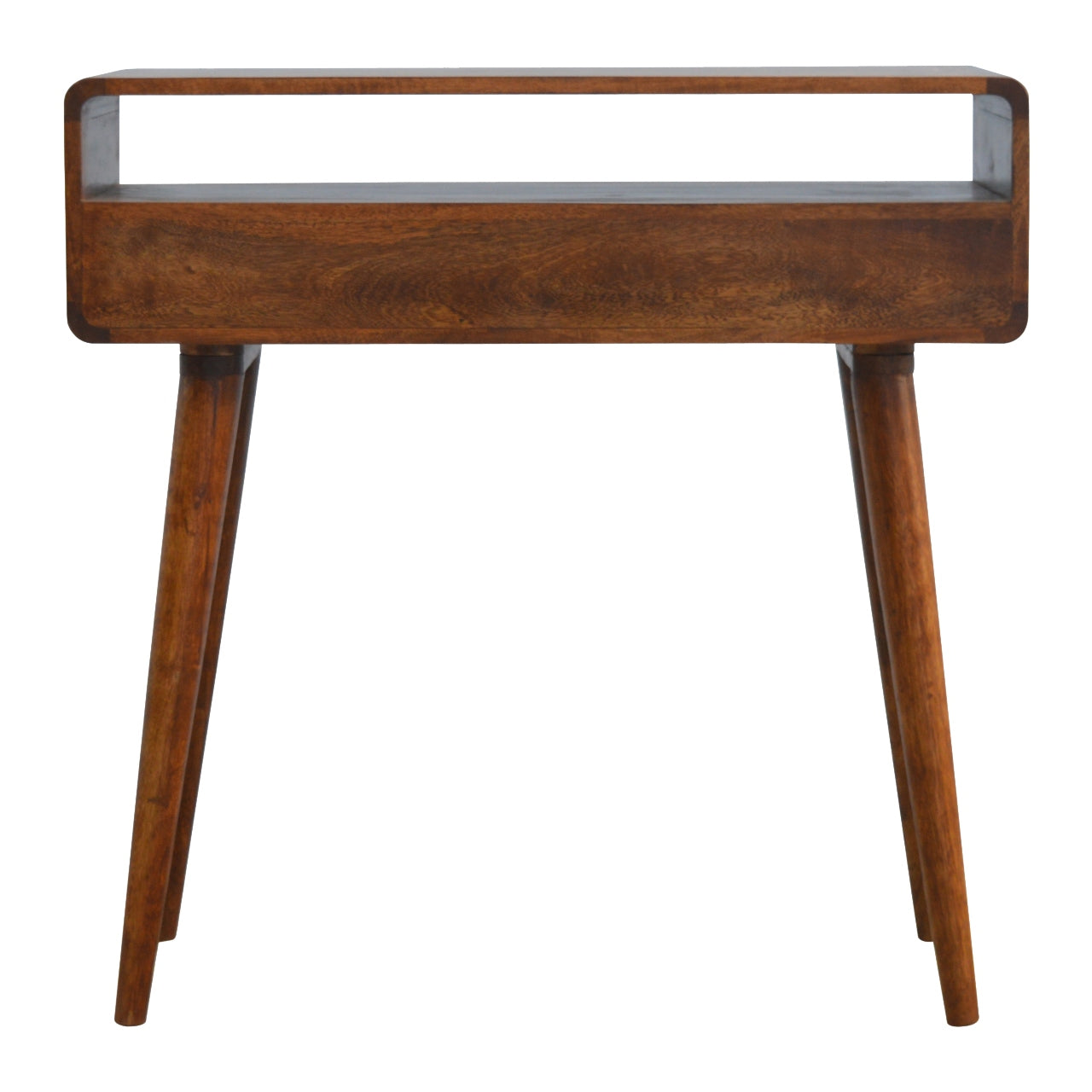 Century Handmade Solid Wood Curved Edge Slim Console Table with Drawers and an Open Storage Shelf in a Deep Chestnut Finish | malletandplane.com