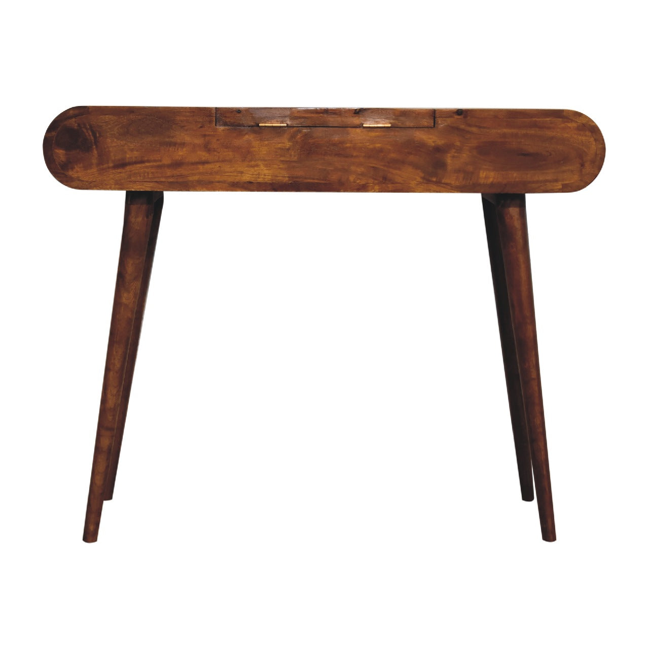 Newton handmade solid wood 3 drawer dressing table with foldable mirror in deep chestnut finish | malltandplane.com