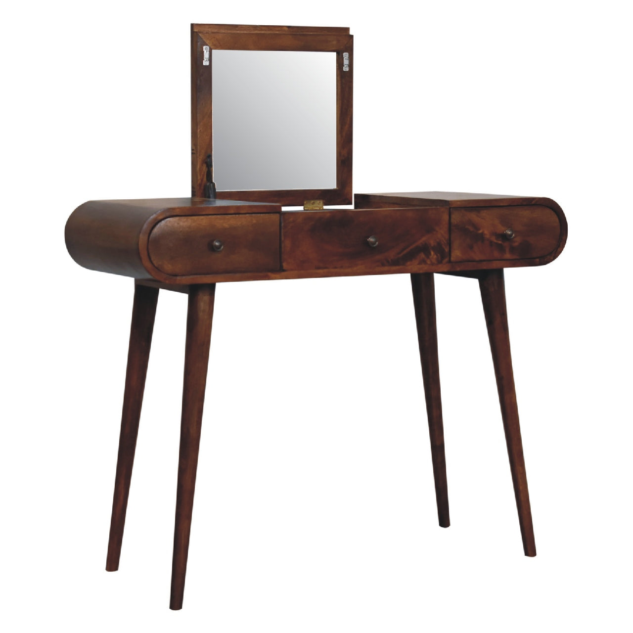 Newton handmade solid wood 3 drawer dressing table with foldable mirror in deep chestnut finish | malltandplane.com