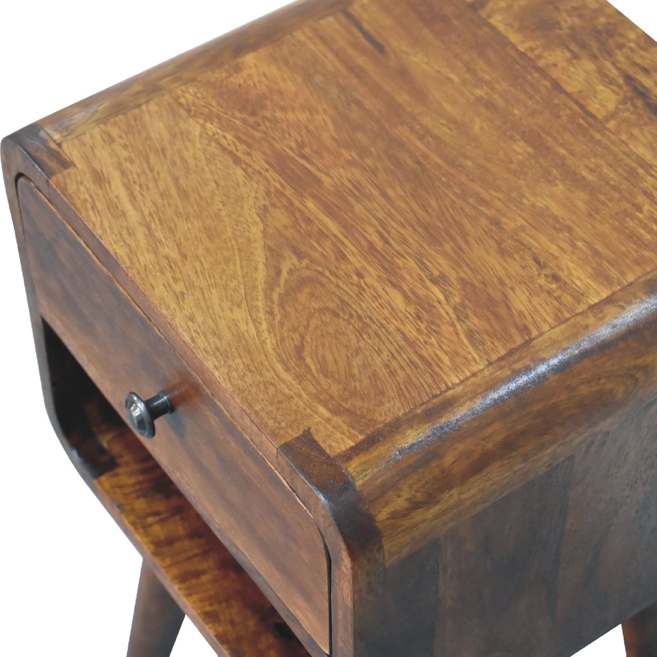 Mini Century Lower Open Slot Solid Wood Compact Bedside Table in Chestnut Finish | MalletandPlane.com