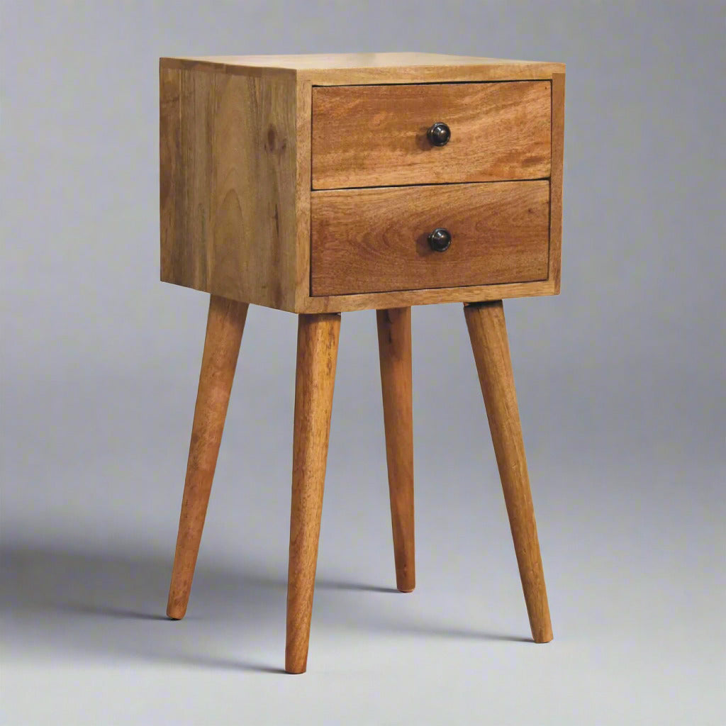 Joel handmade solid wood narrow bedside table with 2 drawers in oak-ish finish | malletandplane.com