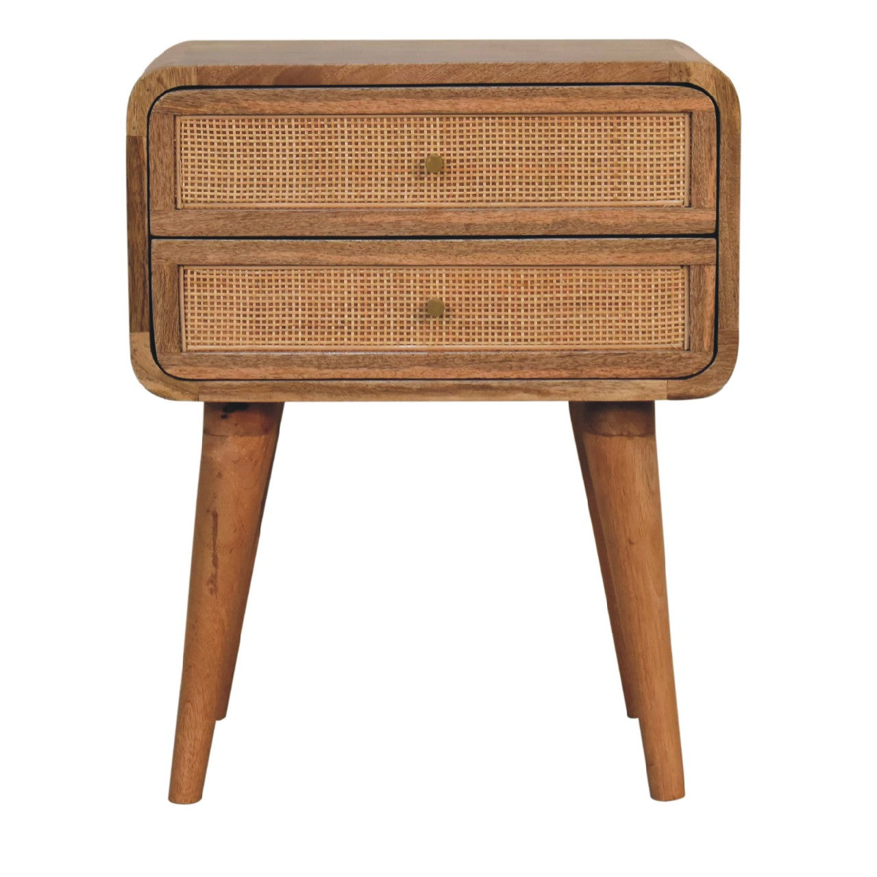 Handmade solid wood Paloma 2 drawer bedside table with woven rattan drawer frontals | MalletandPlane.com