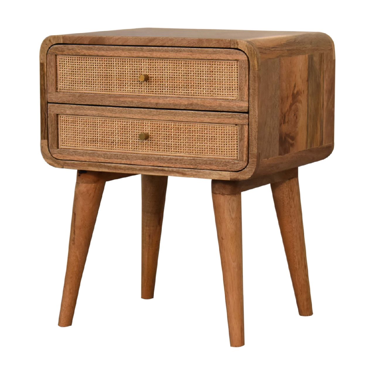 Handmade solid wood Paloma 2 drawer bedside table with woven rattan drawer frontals | MalletandPlane.com