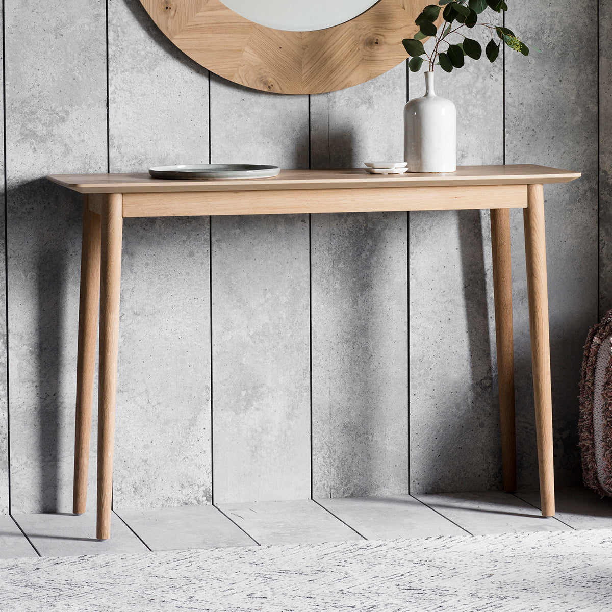 Jakob Oak Slim Console Table with inlaid chevron and matte laquer finish | malletandplane.com