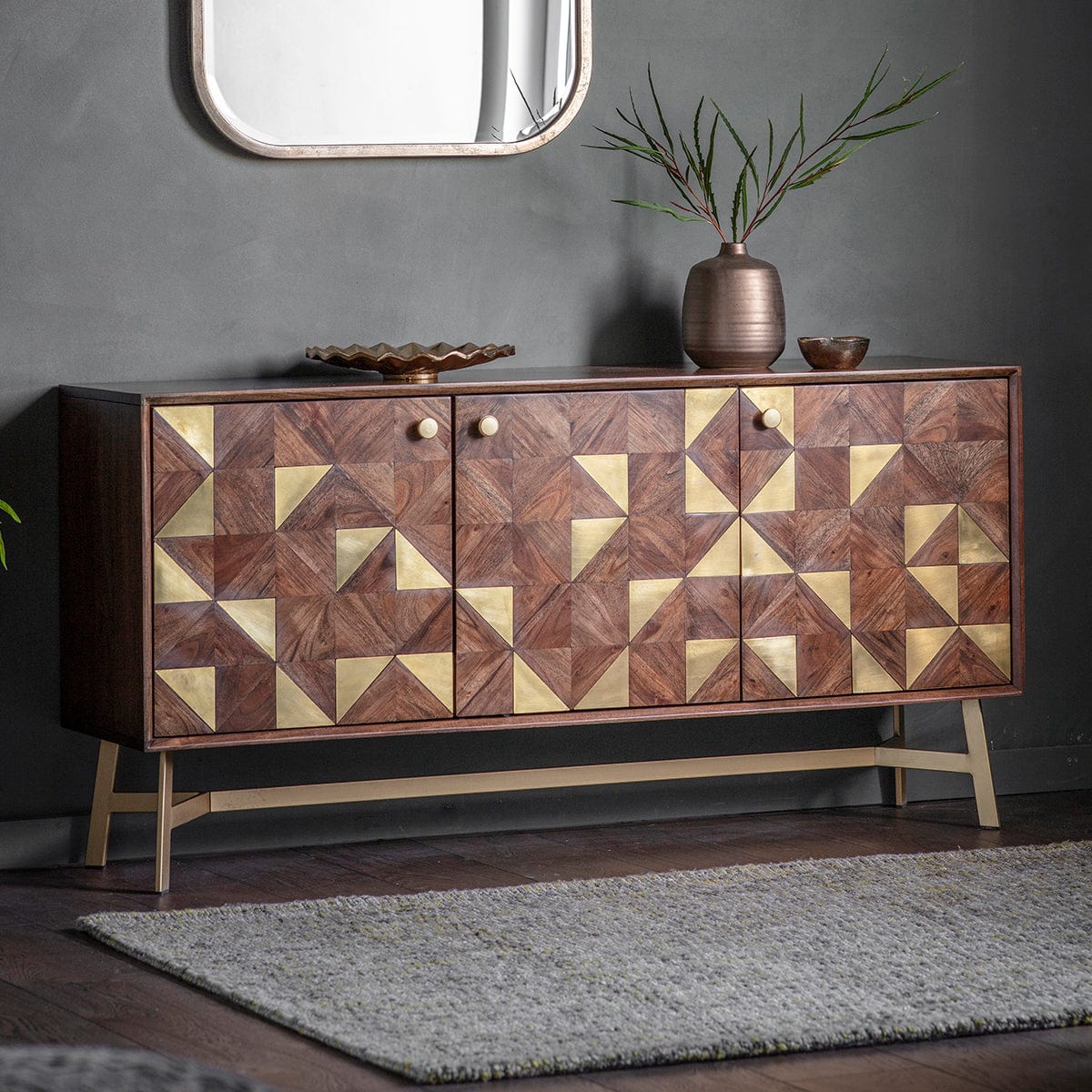 Clift 3 Door Sideboard in acacia wood with brass inlaid pattern | MalletandPlane.com