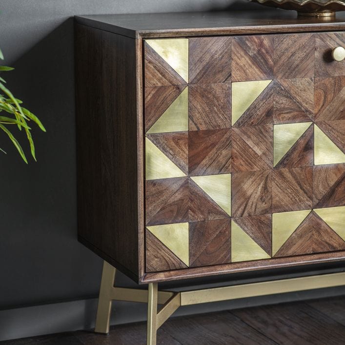 Clift 3 Door Sideboard in acacia wood with brass inlaid pattern | MalletandPlane.com