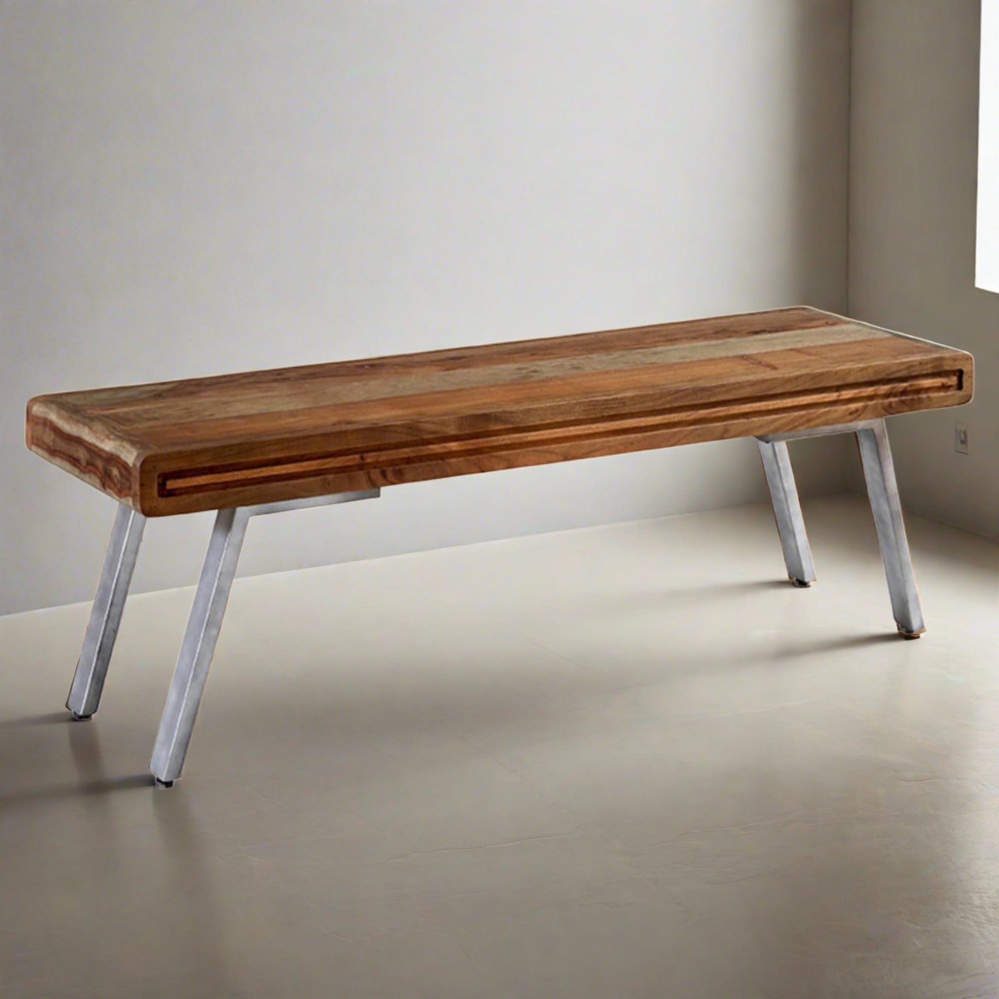 Kasia dining bench in acacia wood with metal legs | malletandplane.com