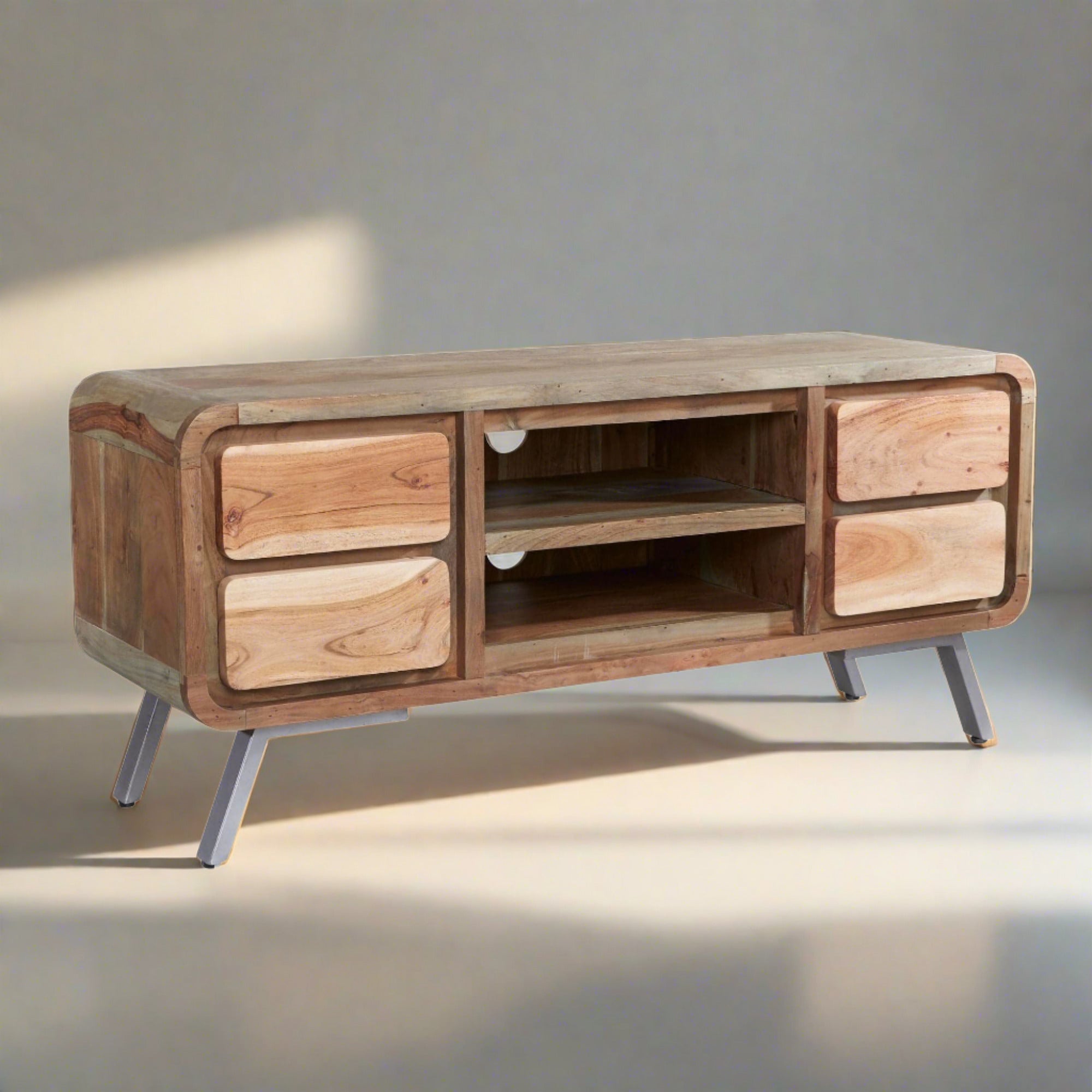 Kasia handmade solid acacia wood TV Stand with reclaimed metal legs | malletandplane.com