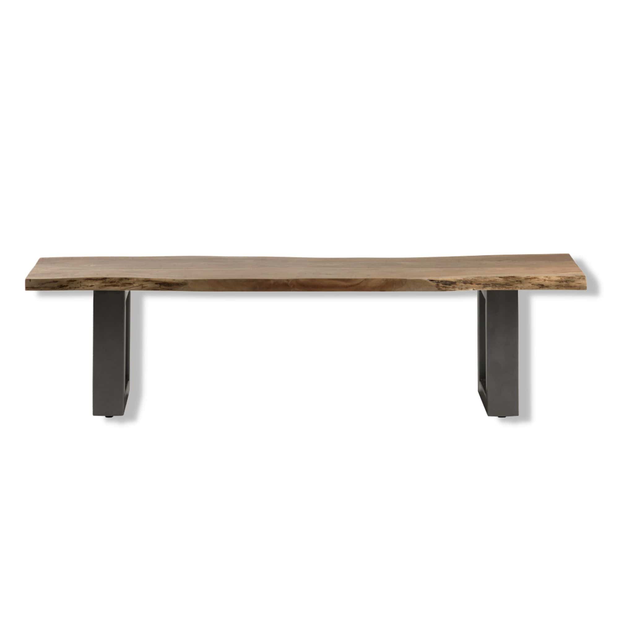 Acacia wood live edge dining bench with metal legs | malletandplane.com