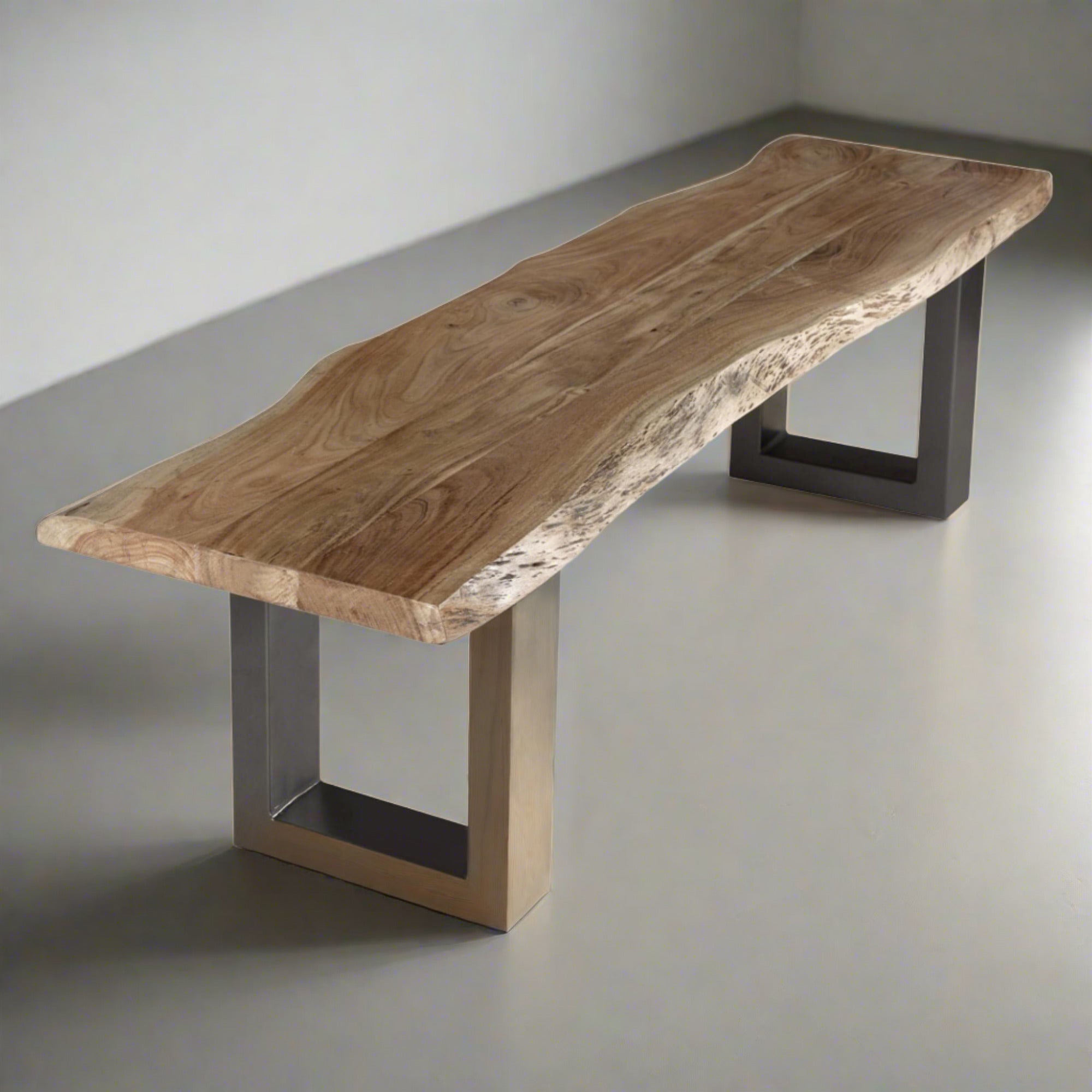 Acacia wood live edge dining bench with metal legs | malletandplane.com