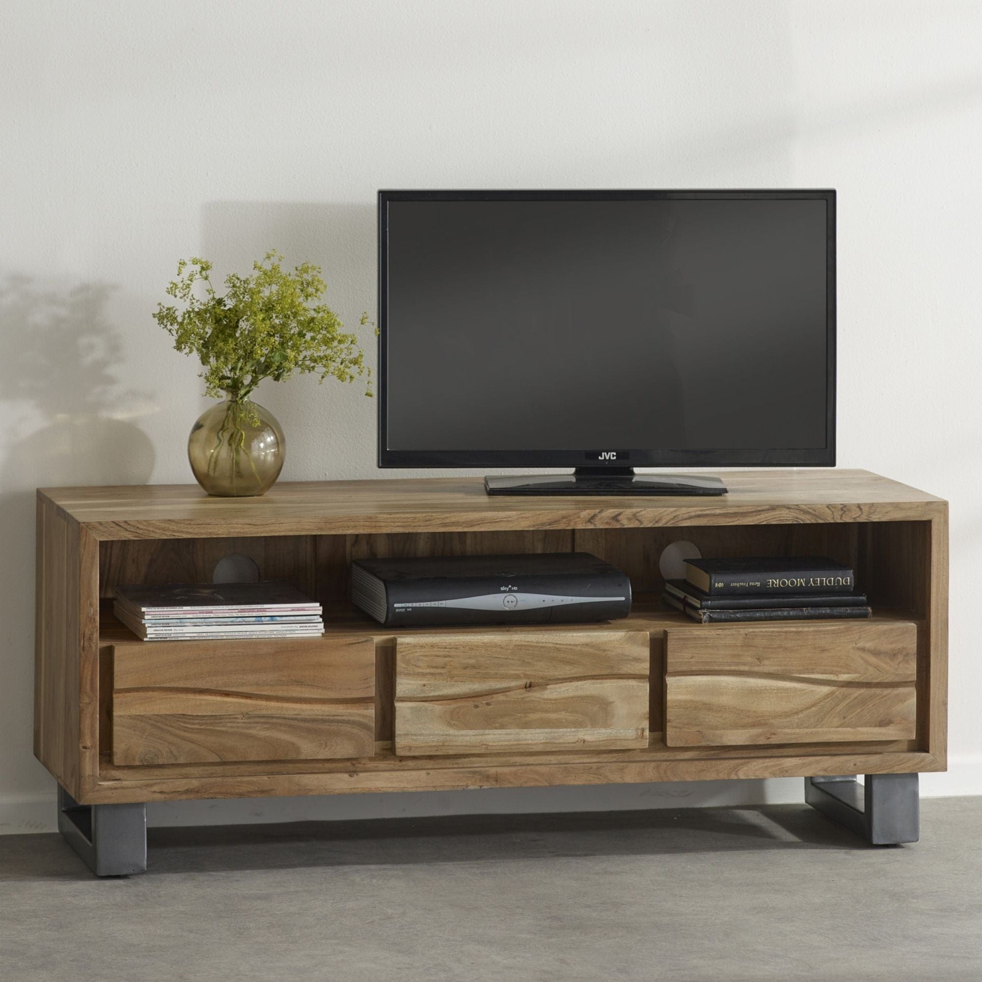 Live edge solid acacia wood TV stand with metal legs | malletandplane.com