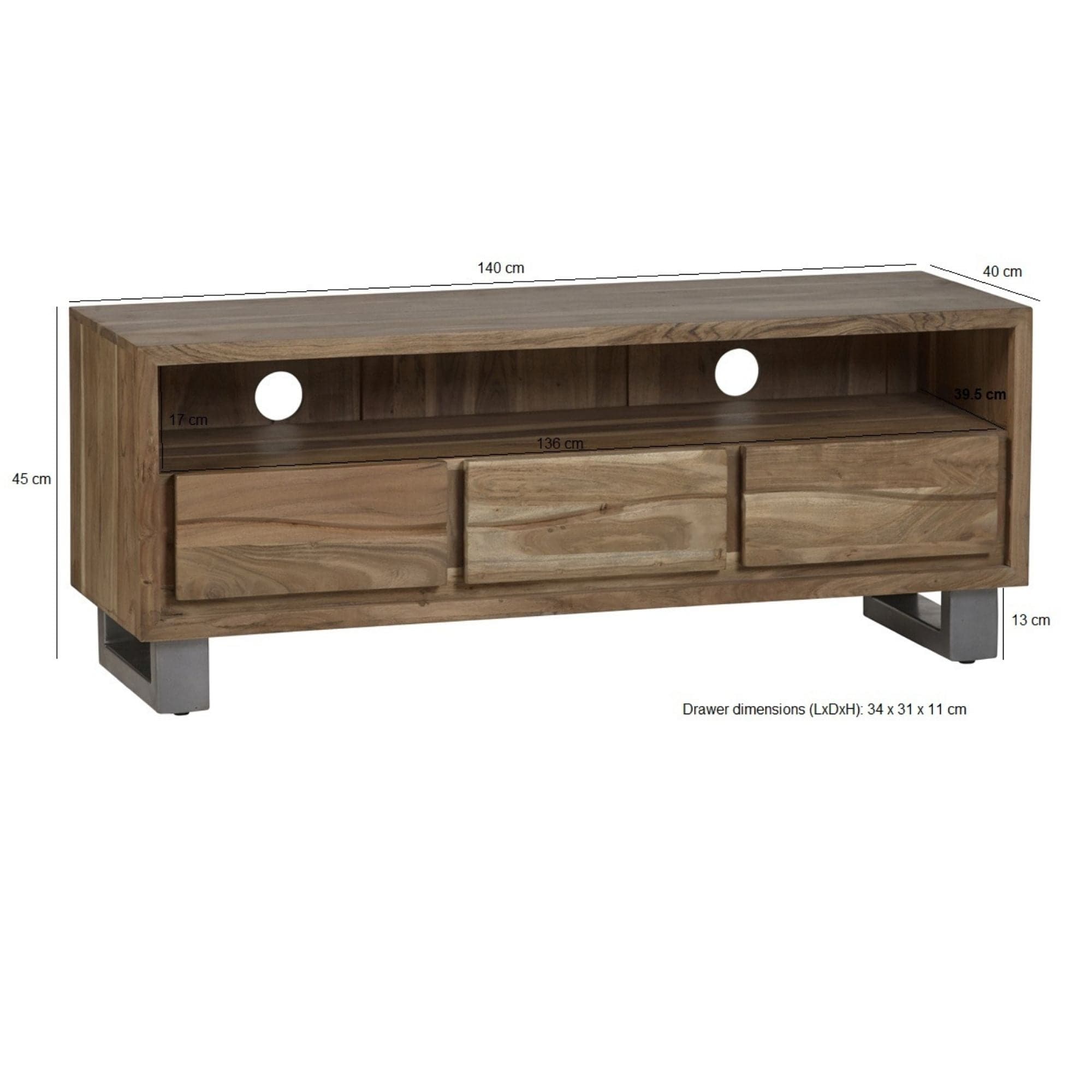 Live edge solid acacia wood TV stand with metal legs | malletandplane.com