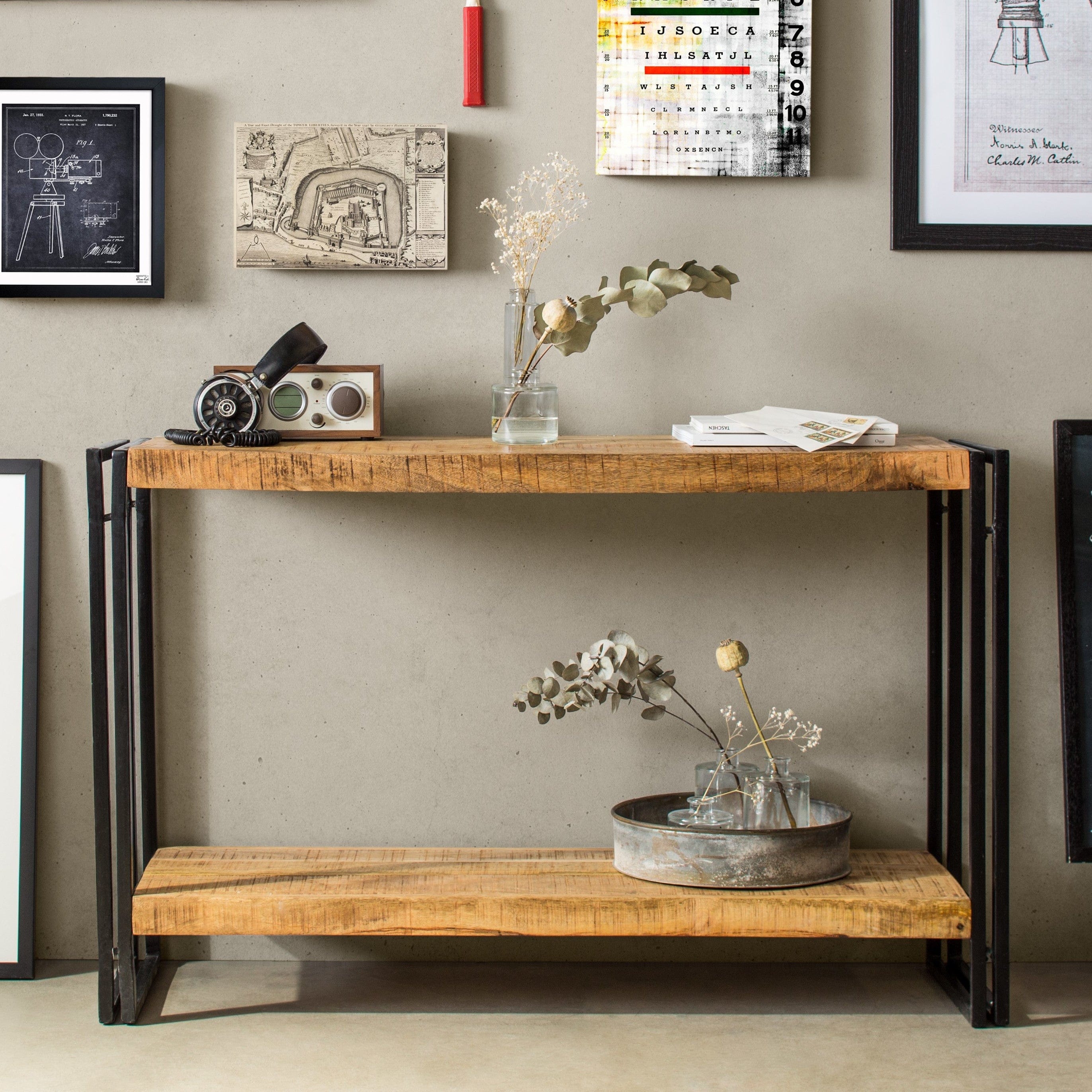 oft raw mango wood and reclaimed metal industrial console table with 2 shelves | MalletandPlane.com