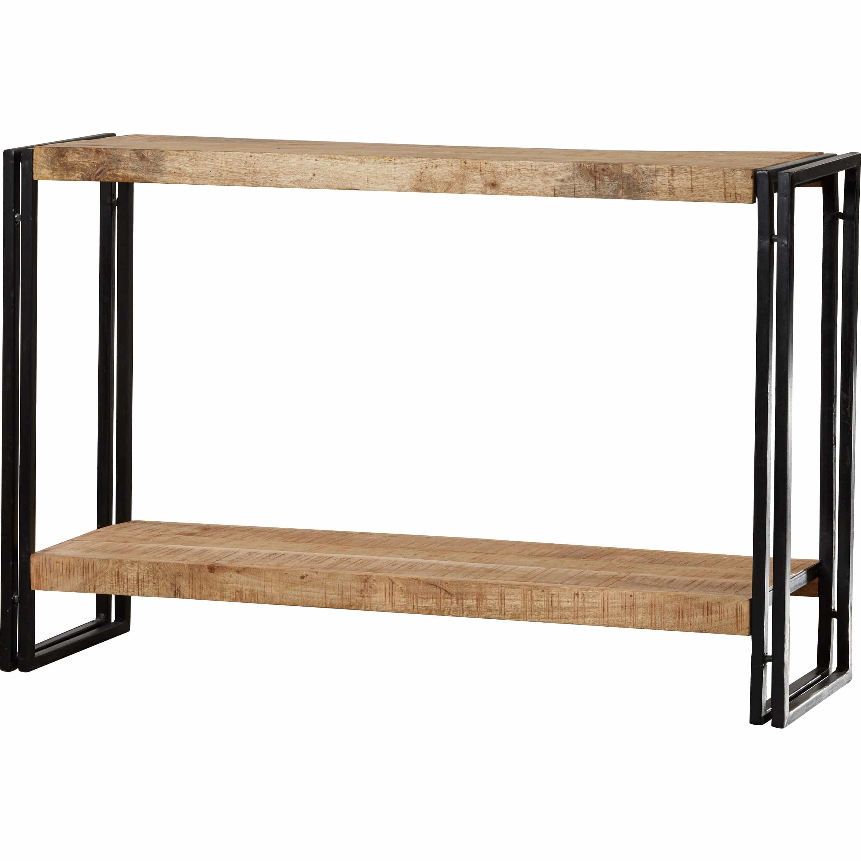 oft raw mango wood and reclaimed metal industrial console table with 2 shelves | MalletandPlane.com